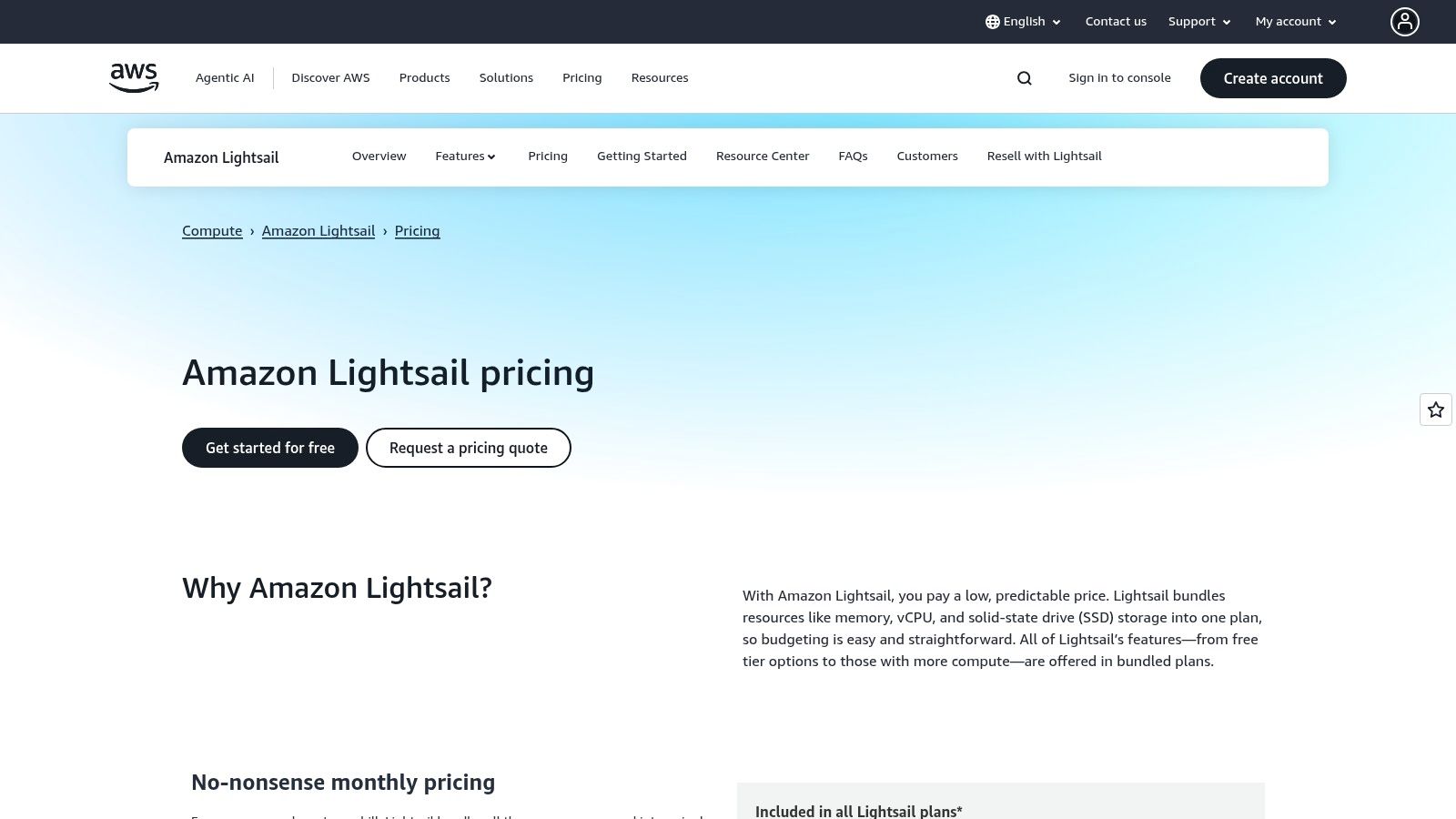 Amazon Lightsail (AWS) dashboard interface showing instance management