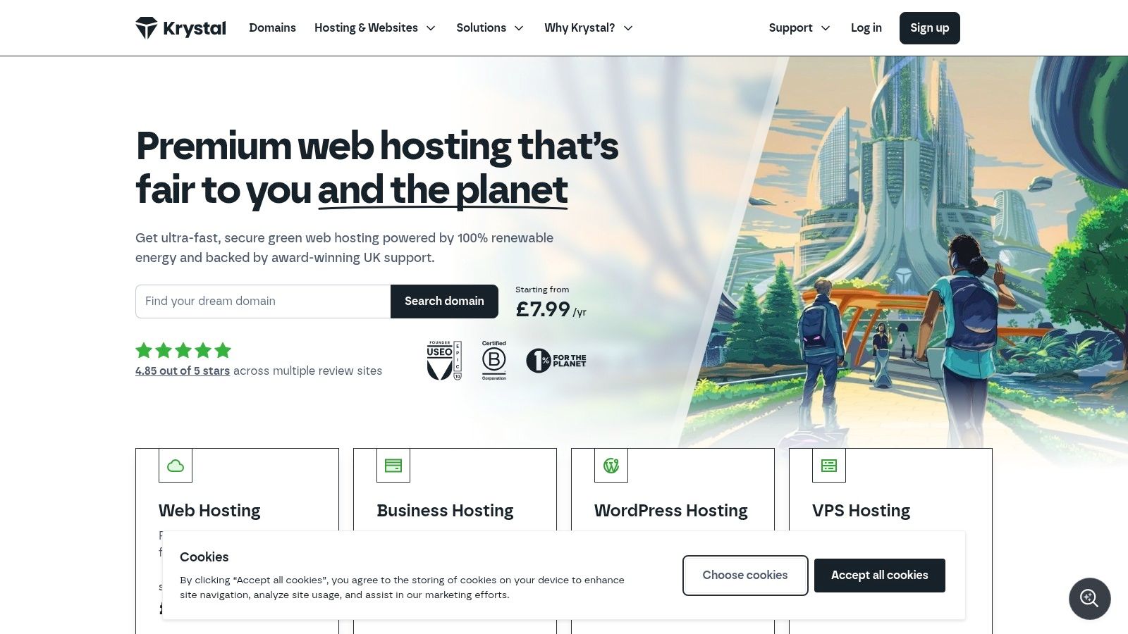 Krystal (UK) platform interface showcasing its hosting plans