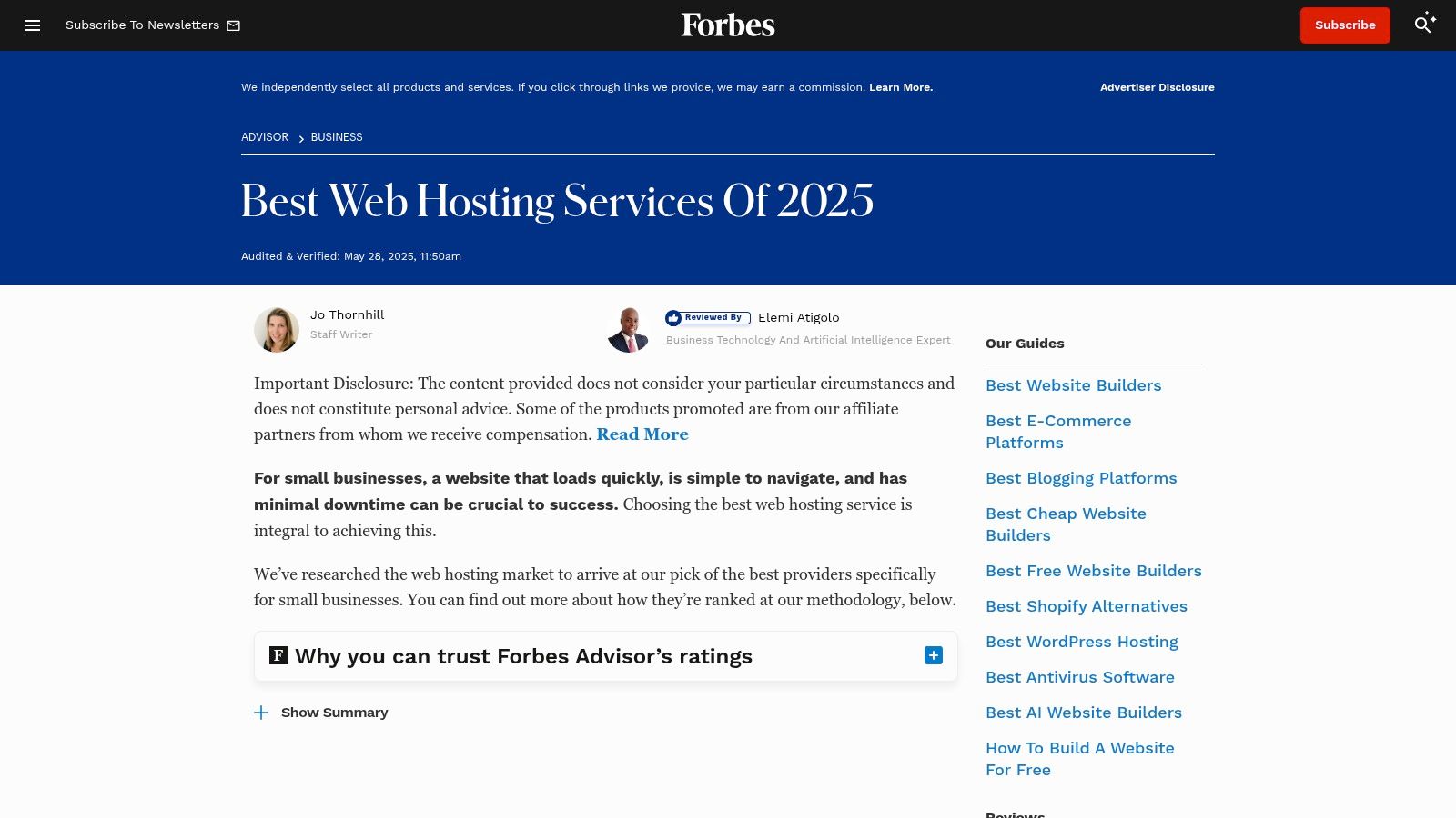 Forbes Advisor UK – Best Web Hosting Guides