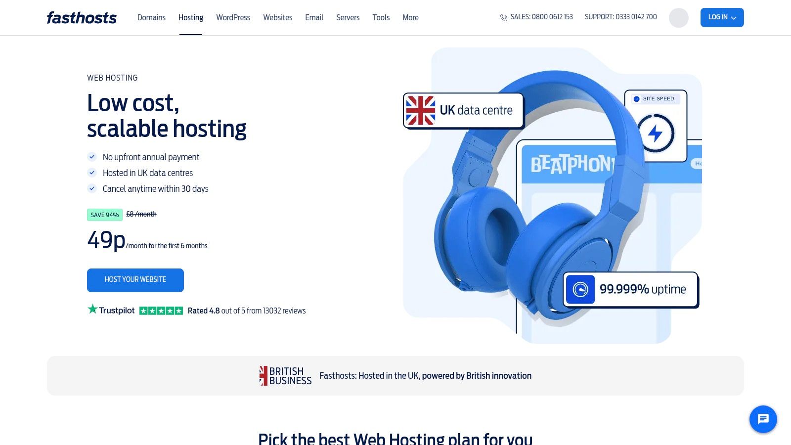 Fasthosts (UK) dashboard interface for managing web hosting