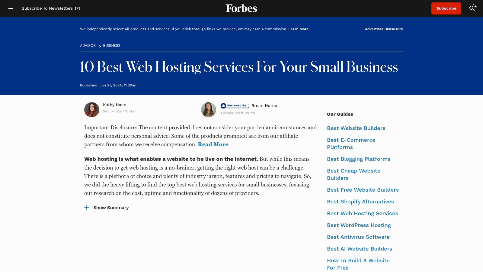 Forbes Advisor UK – Best Web Hosting for Small Business