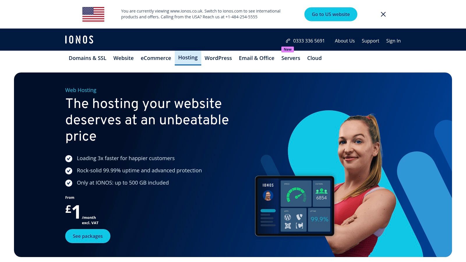 IONOS (UK) platform interface showing hosting options
