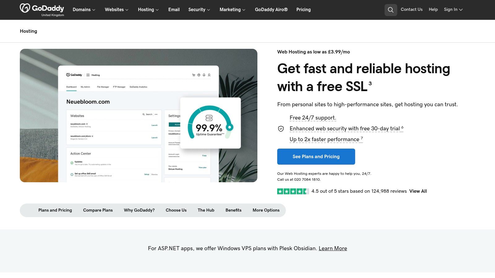 GoDaddy (UK) platform interface showcasing web hosting plans