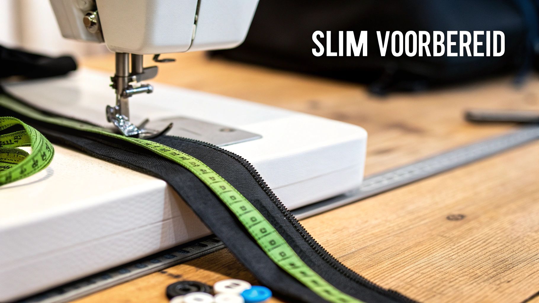 Een blinde rits, naaigaren en een speciaal ritsvoetje liggen klaar op een stuk stof.