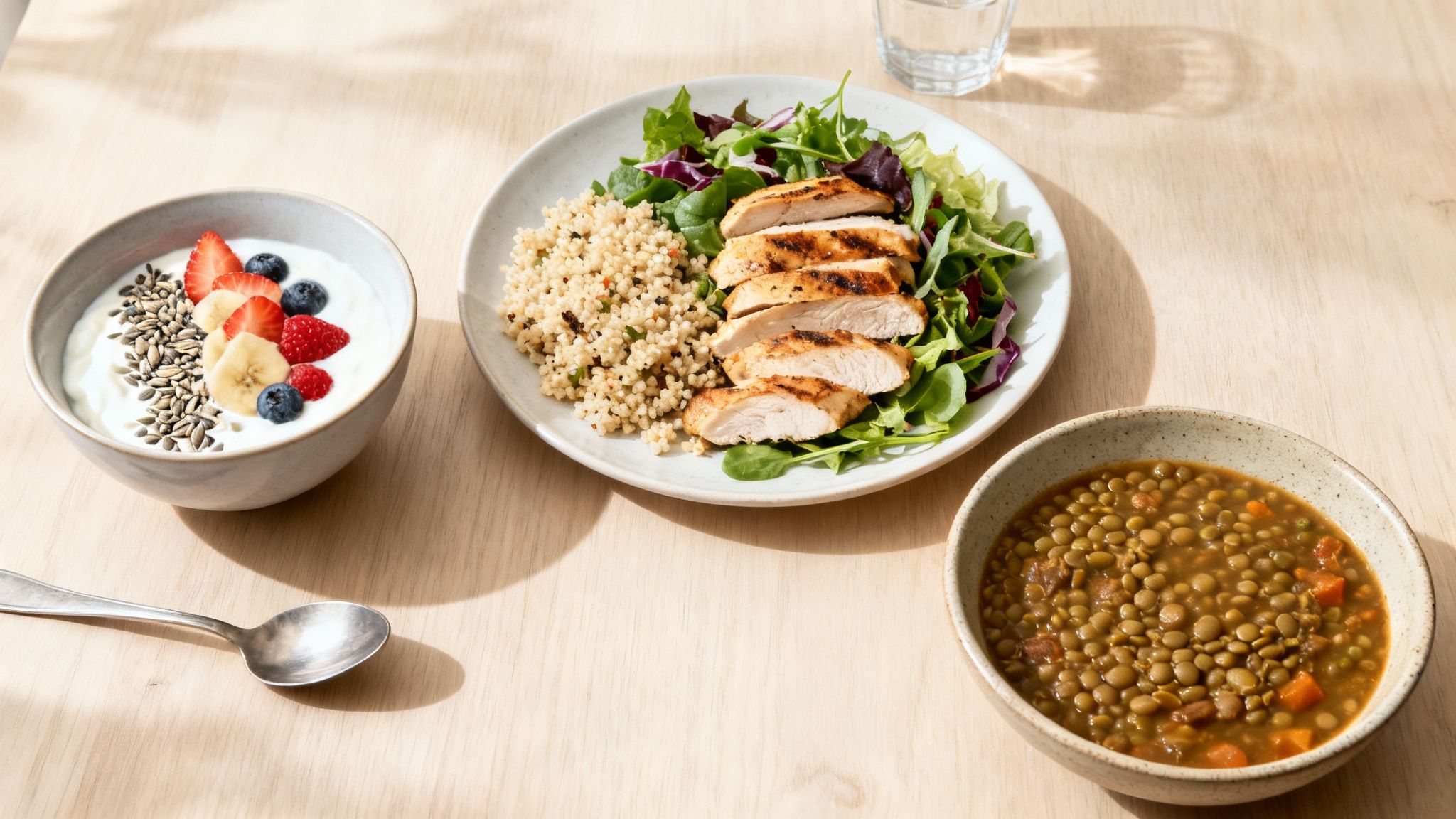 A vibrant spread of protein-rich dishes including grilled chicken, berry yogurt, and lentil soup on a wooden table.