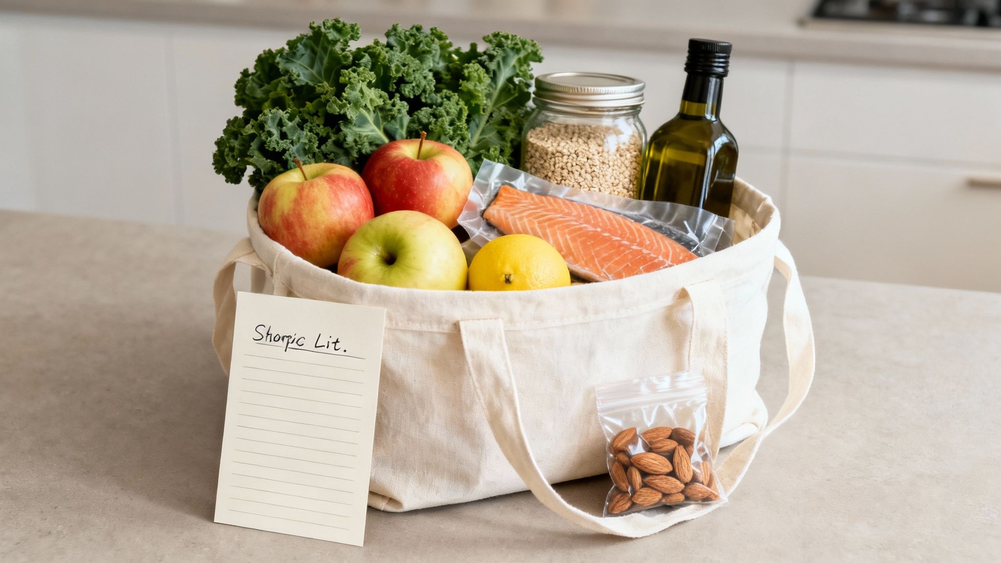 Reusable canvas tote bag filled with fresh healthy groceries and shopping list on counter