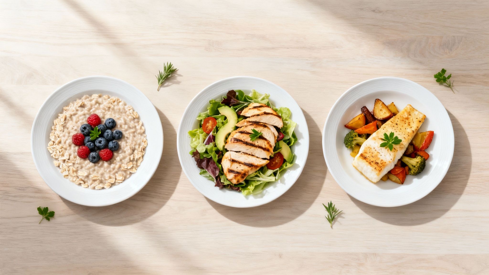 Three healthy meals: oatmeal with berries, grilled chicken salad, and fish with roasted vegetables on a wooden table.