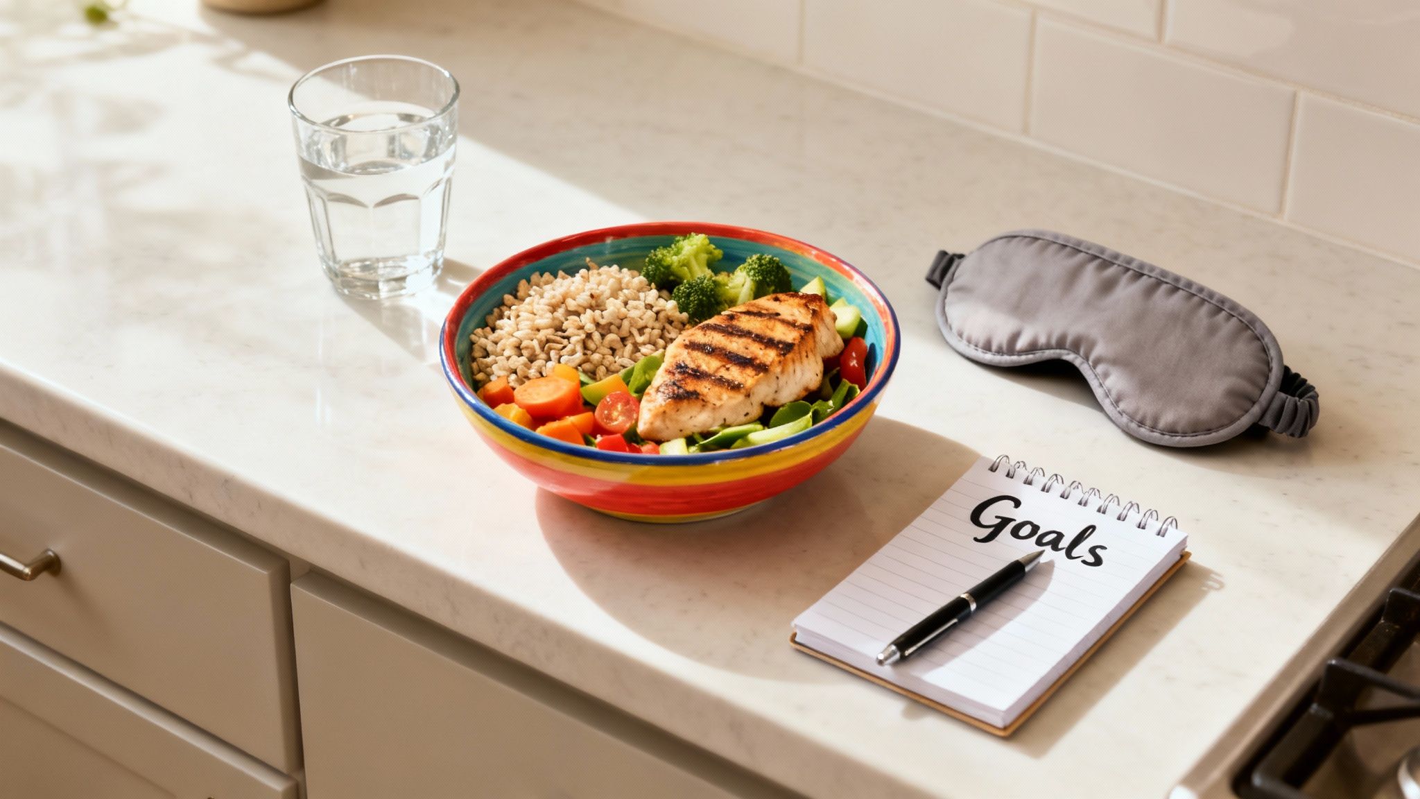 Een selectie van gezonde voeding zoals fruit, groenten en noten, netjes uitgestald op een tafel.