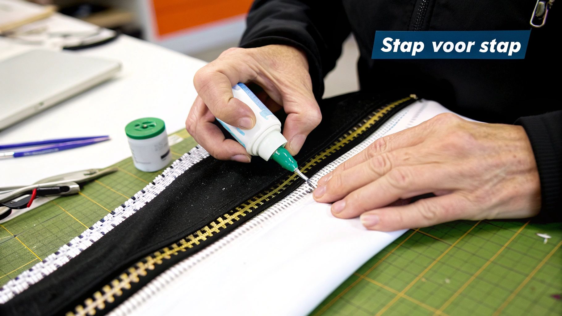 Handen brengen lijm aan op een gouden rits op zwarte stof, met de tekst 'Stap voor stap'.
