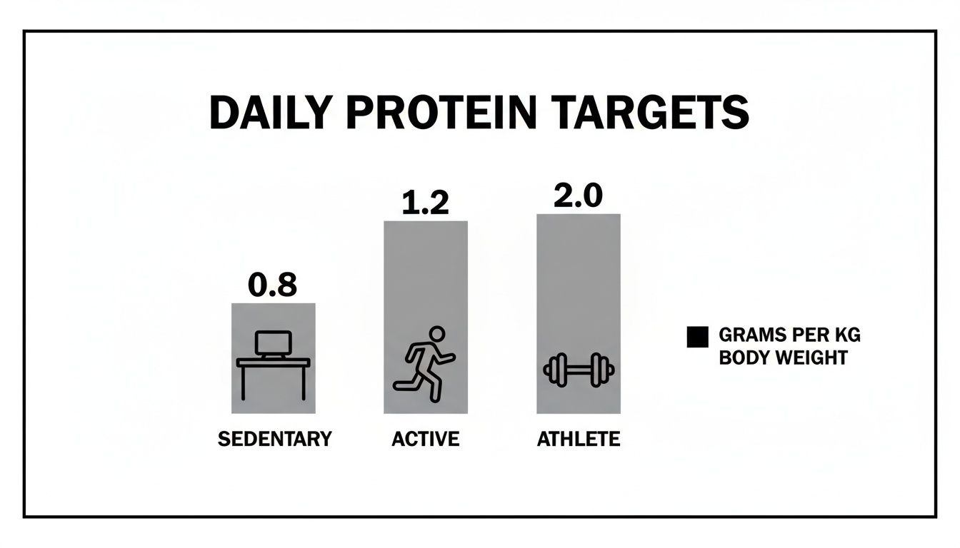Bar chart displaying daily protein targets for sedentary (0.8), active (1.2), and athlete (2.0) individuals.