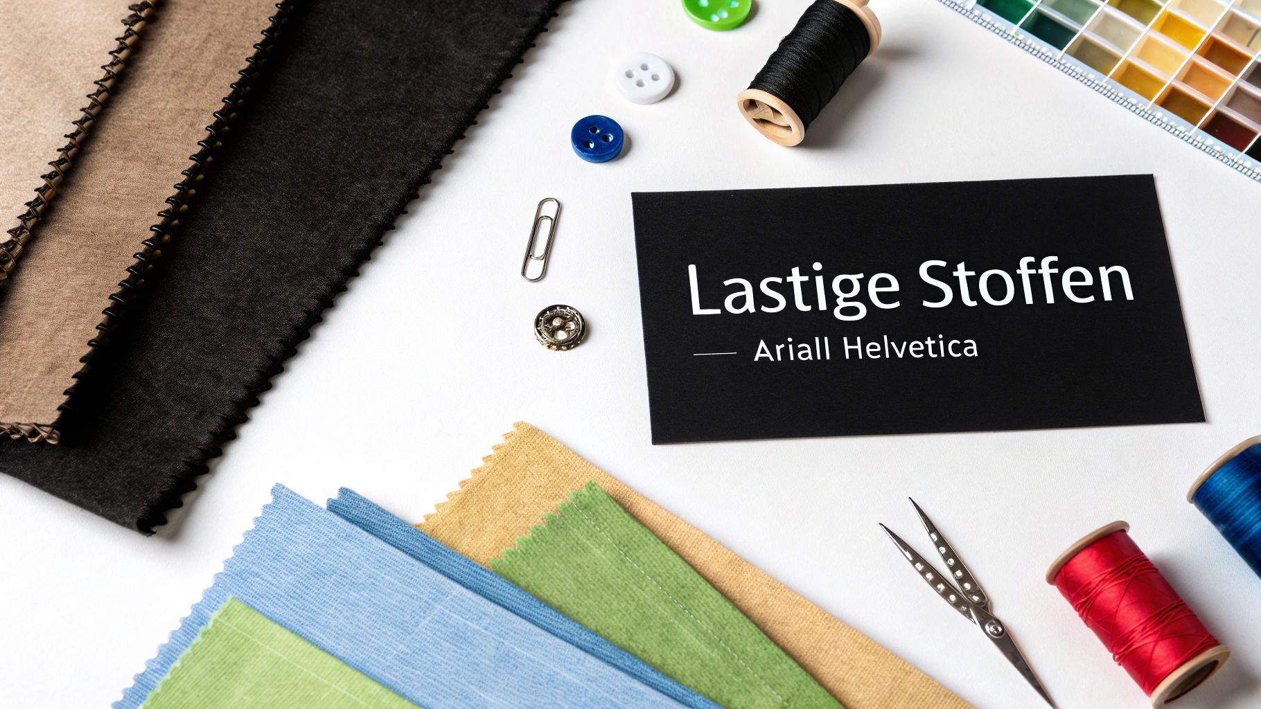 Vlakke weergave van stoffen, garen, knopen en naaibenodigdheden op een witte achtergrond, perfect voor textielprojecten.