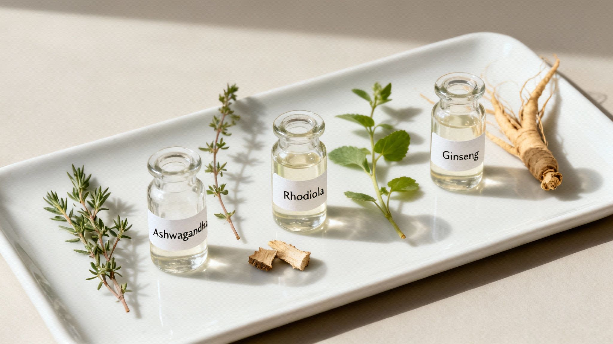Three bottles labeled Ashwagandha, Rhodiola, and Ginseng extracts, with their raw plant ingredients on a tray.