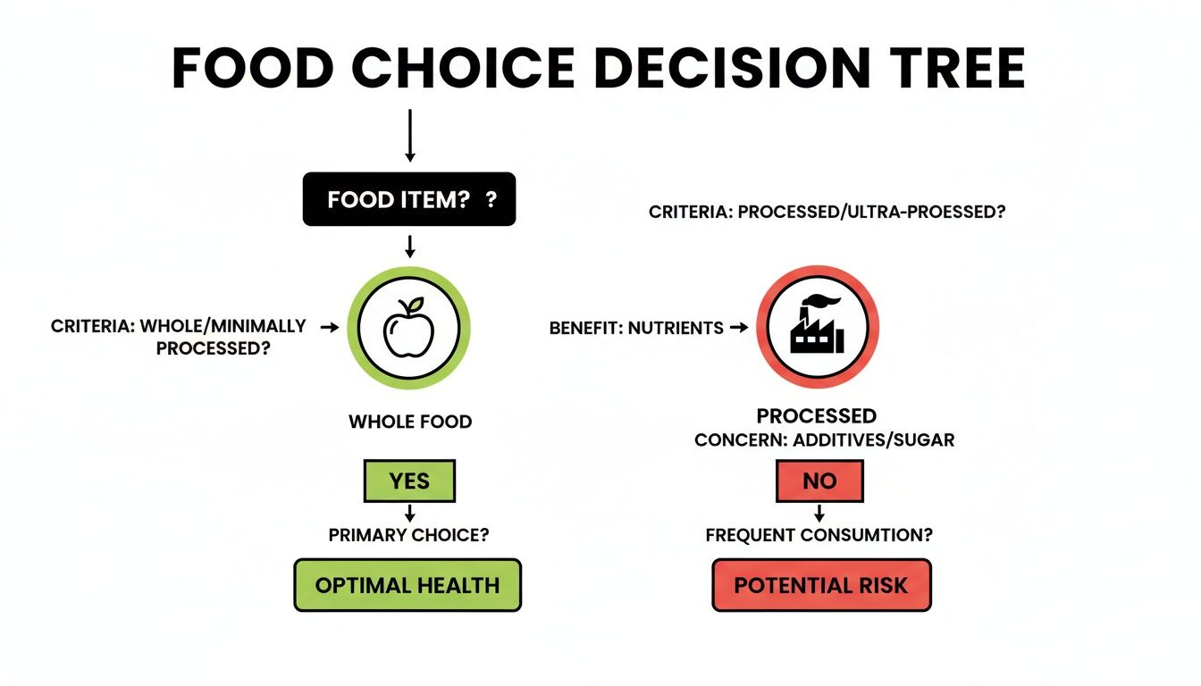 A food choice decision tree illustrating the selection between whole foods for optimal health and processed foods with potential risks.