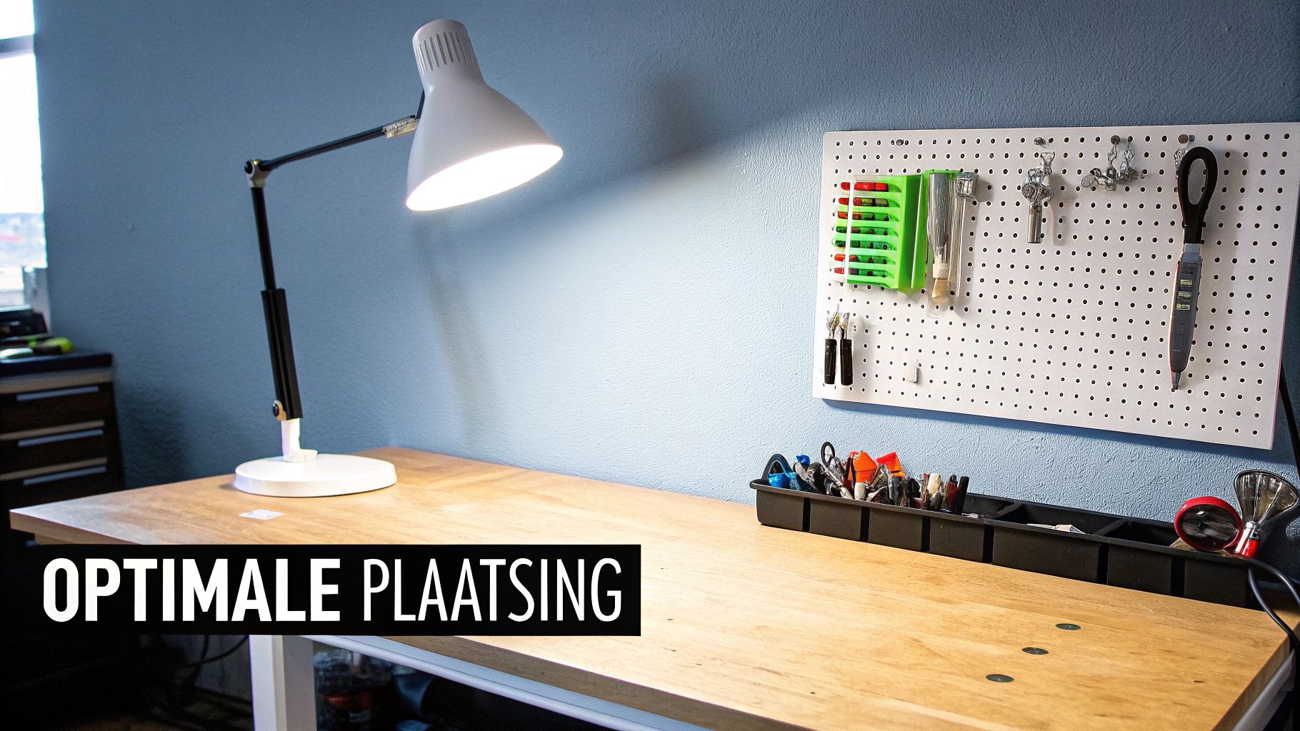 Een opgeruimde hobbywerkplek met een daglichtlamp die een naaimachine verlicht.