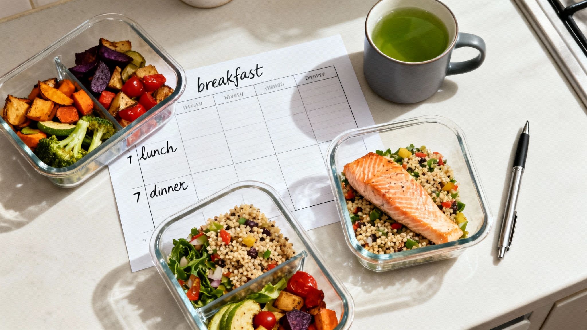 Healthy meal prep containers with roasted vegetables, salmon, and couscous alongside weekly meal planning sheet