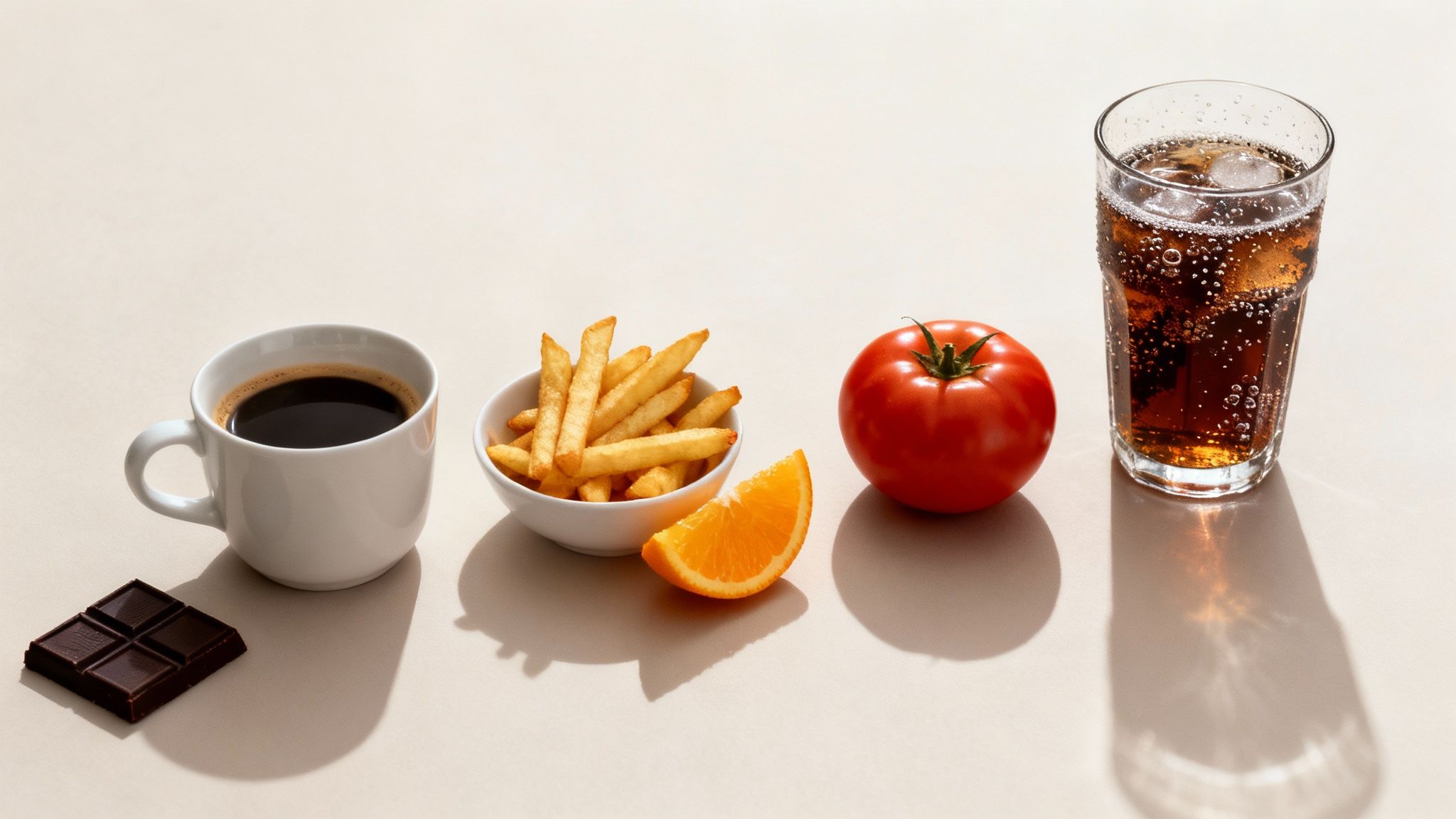 A collection of food items including coffee, chocolate, french fries, orange slice, tomato, and a soda.