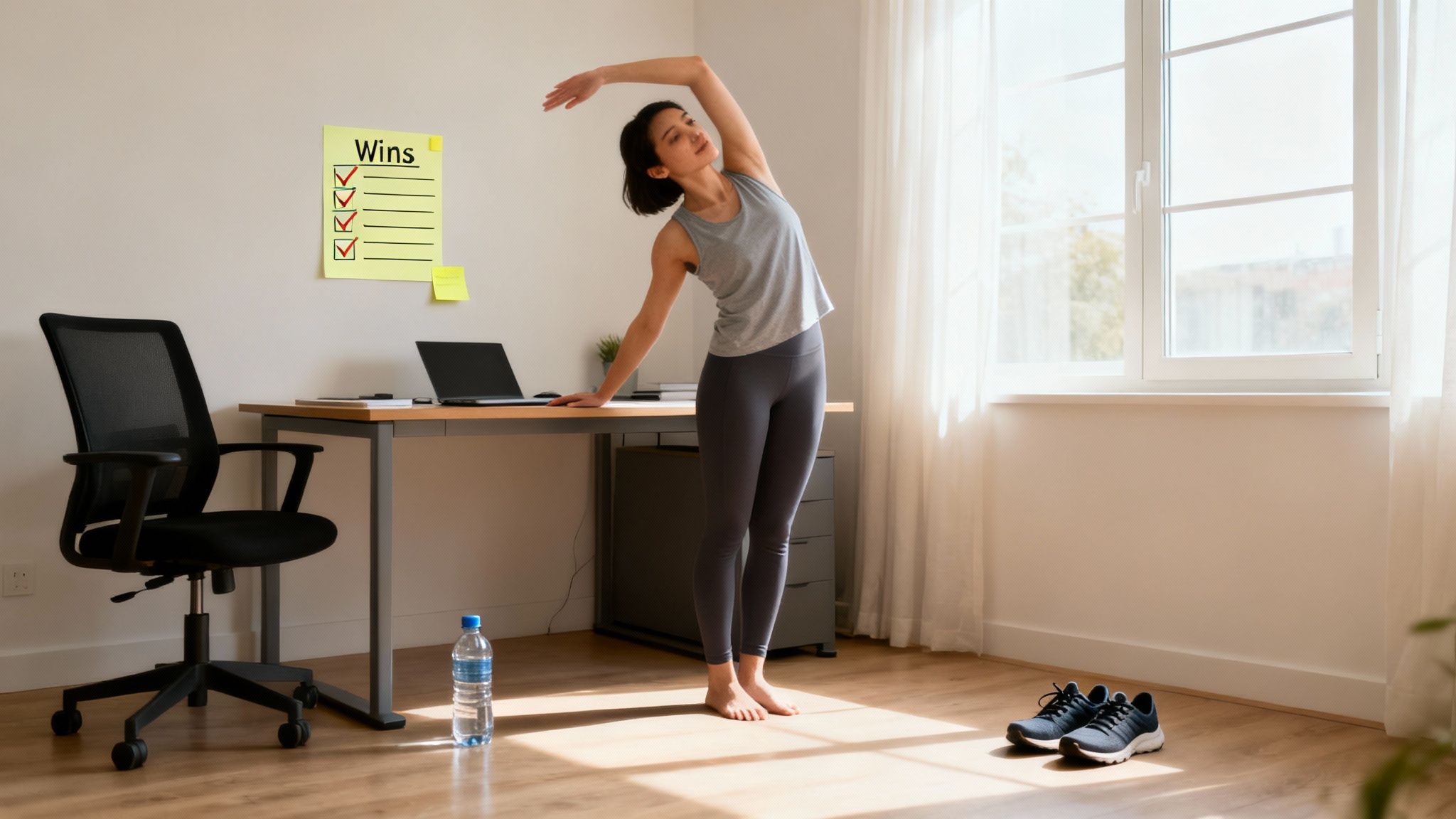 A young woman stretches in her home office with a "Wins" list, laptop, water, and running shoes.