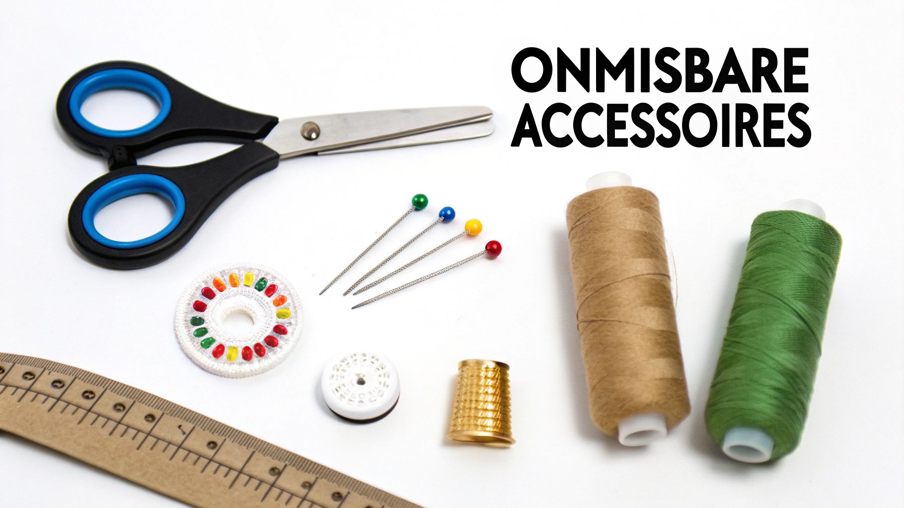 Onmisbare naaiaccessoires zoals een schaar, spelden, garen, vingerhoed en meetlint op een witte achtergrond.