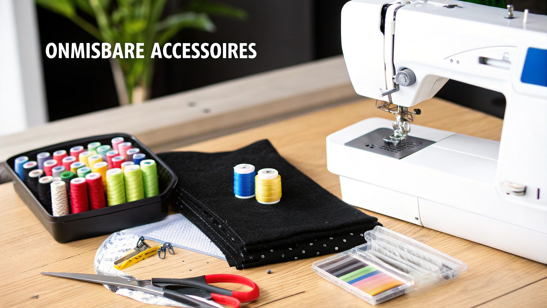 Naaitafel met een naaimachine, diverse kleuren garen, stoffen en andere naaibenodigdheden.