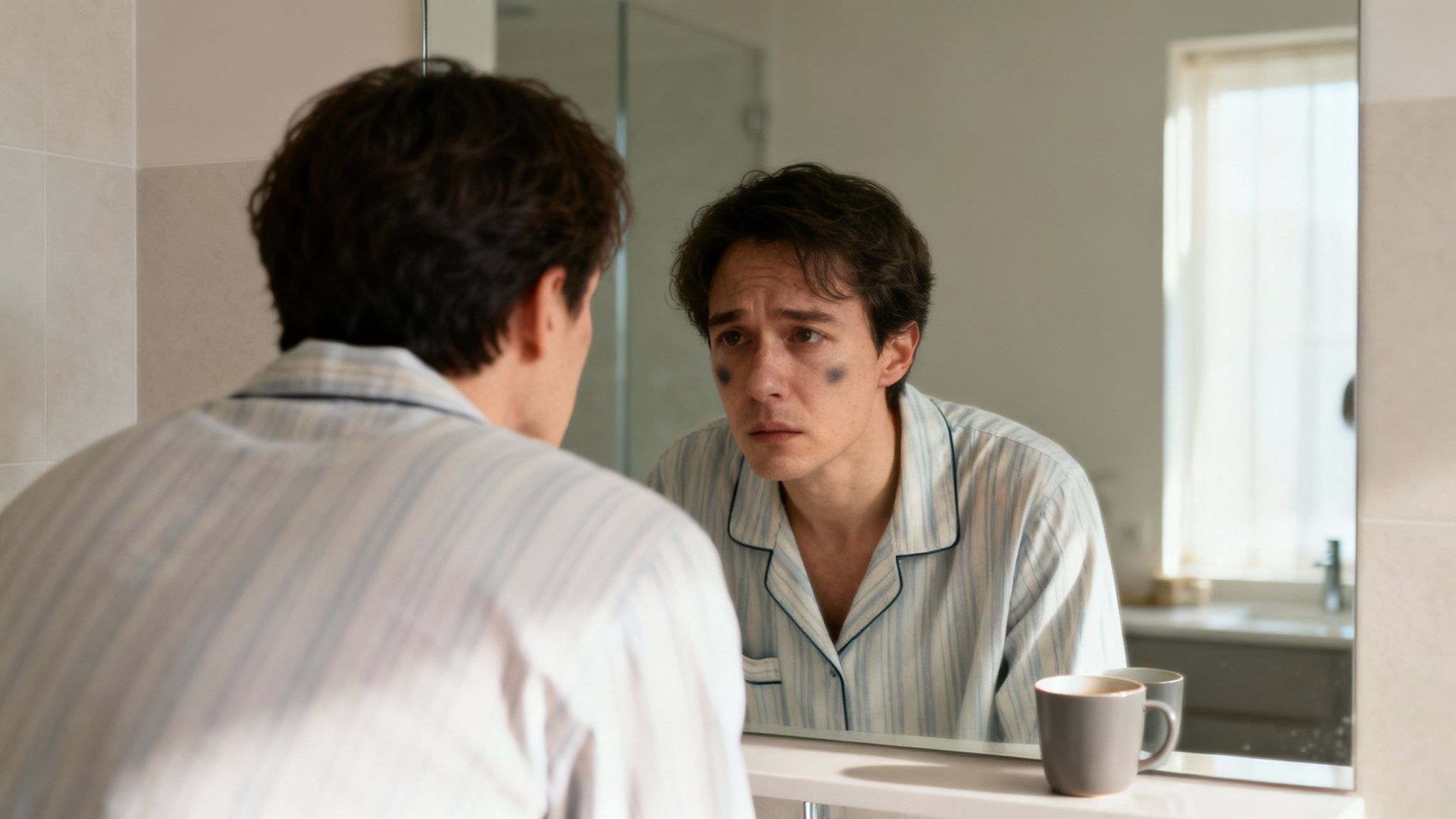 A tired man with dark smudges under his eyes looks sadly at his reflection in a bathroom mirror.