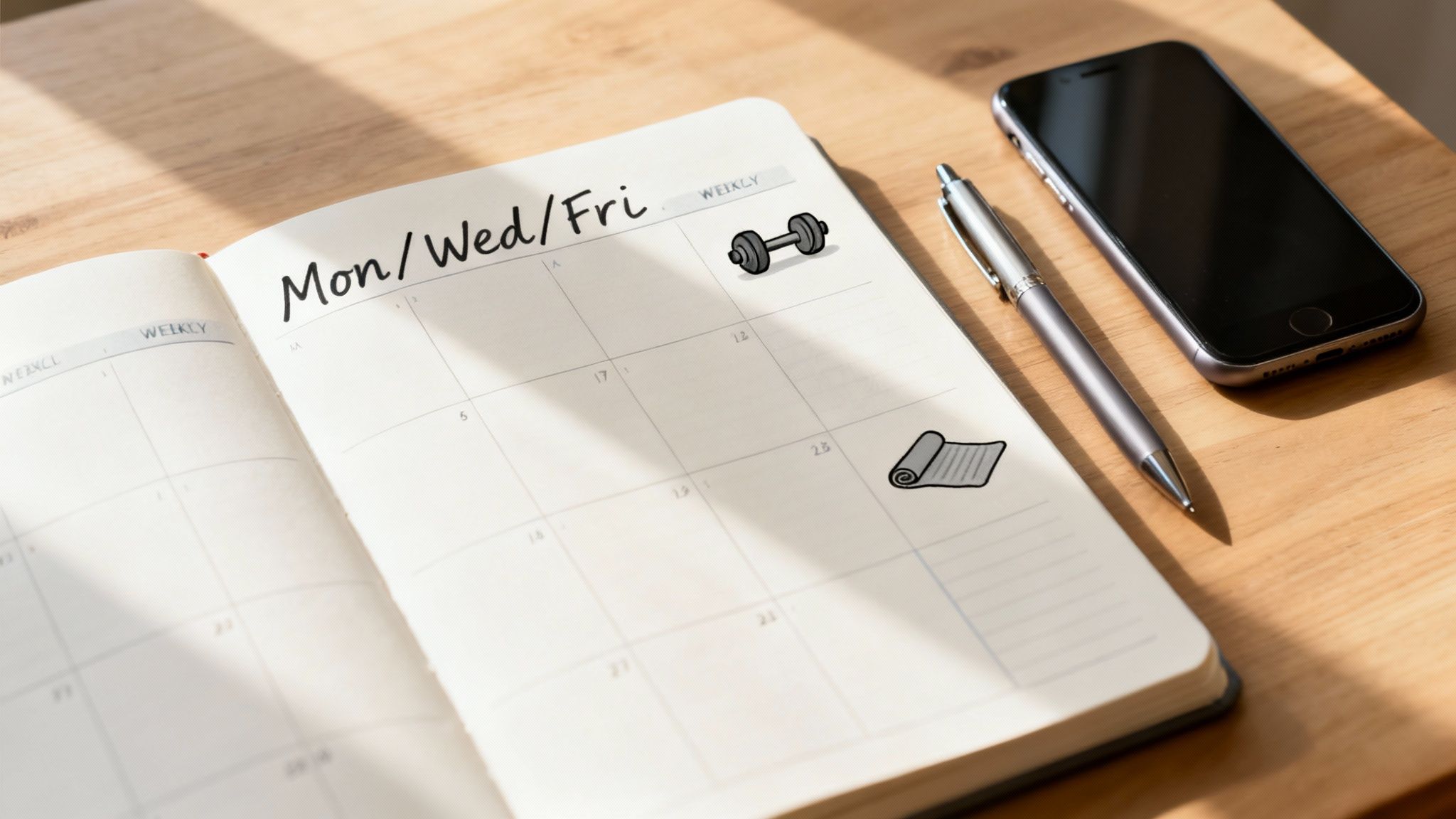 A fitness planner open on a wooden desk with exercise icons, a pen, and a smartphone.