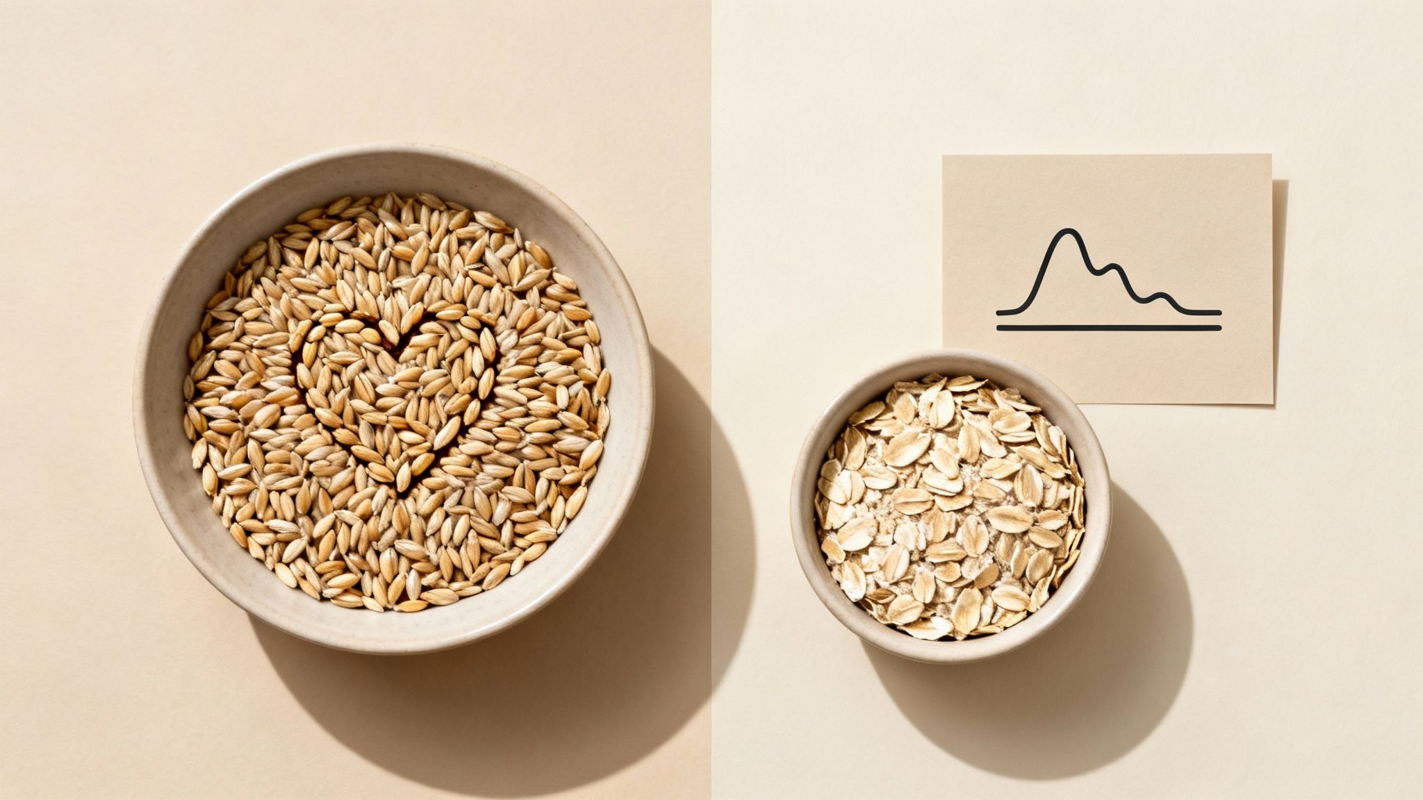 Overhead shot of barley grains forming a heart in a bowl, alongside oats and a graph.