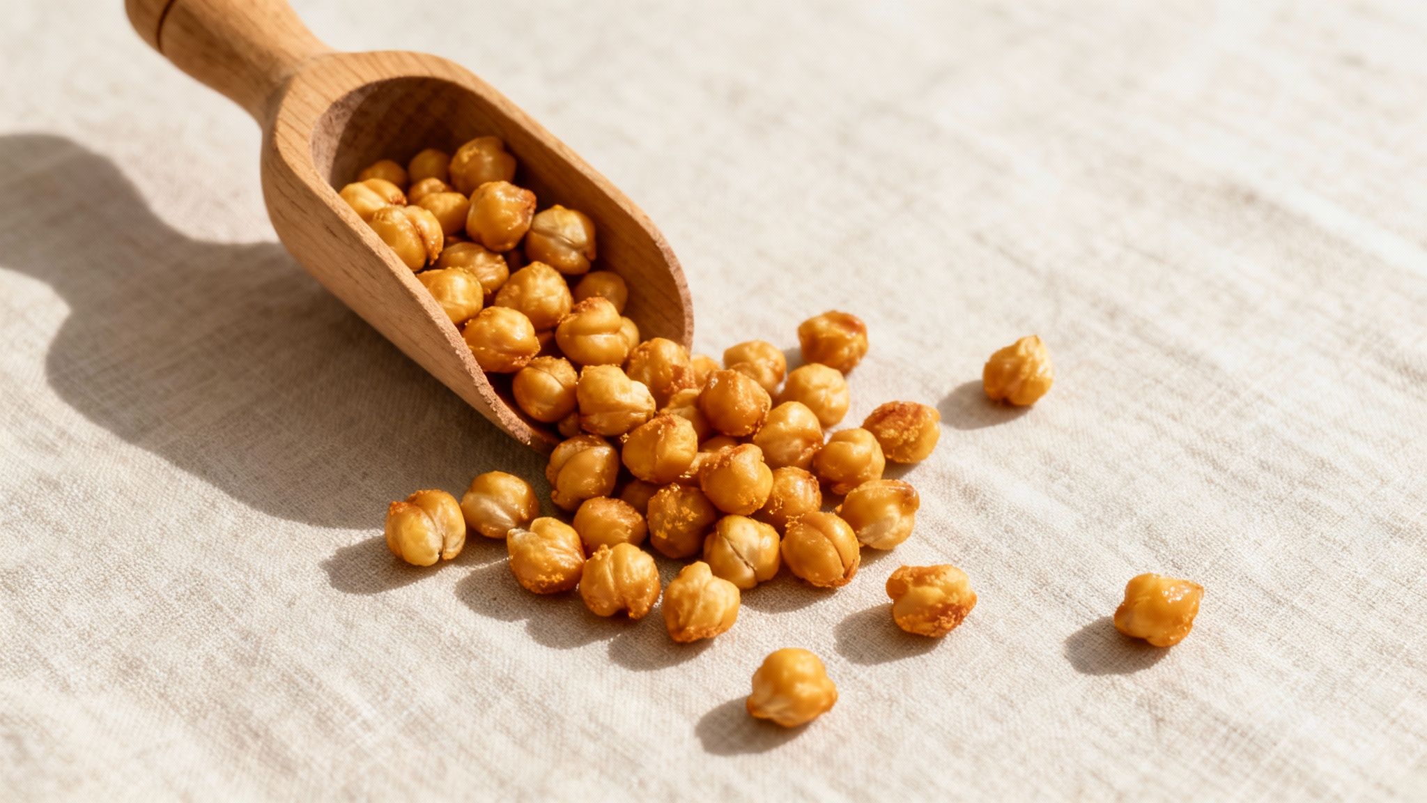 Golden roasted chickpeas spilling from a wooden scoop onto a light fabric surface in sunlight.