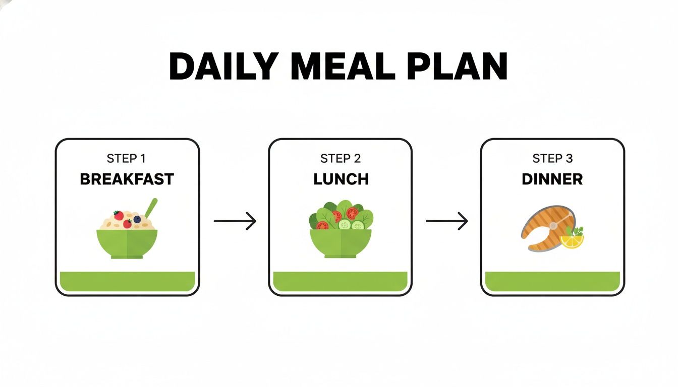 A daily meal plan graphic showing breakfast (oatmeal), lunch (salad), and dinner (salmon) in steps.