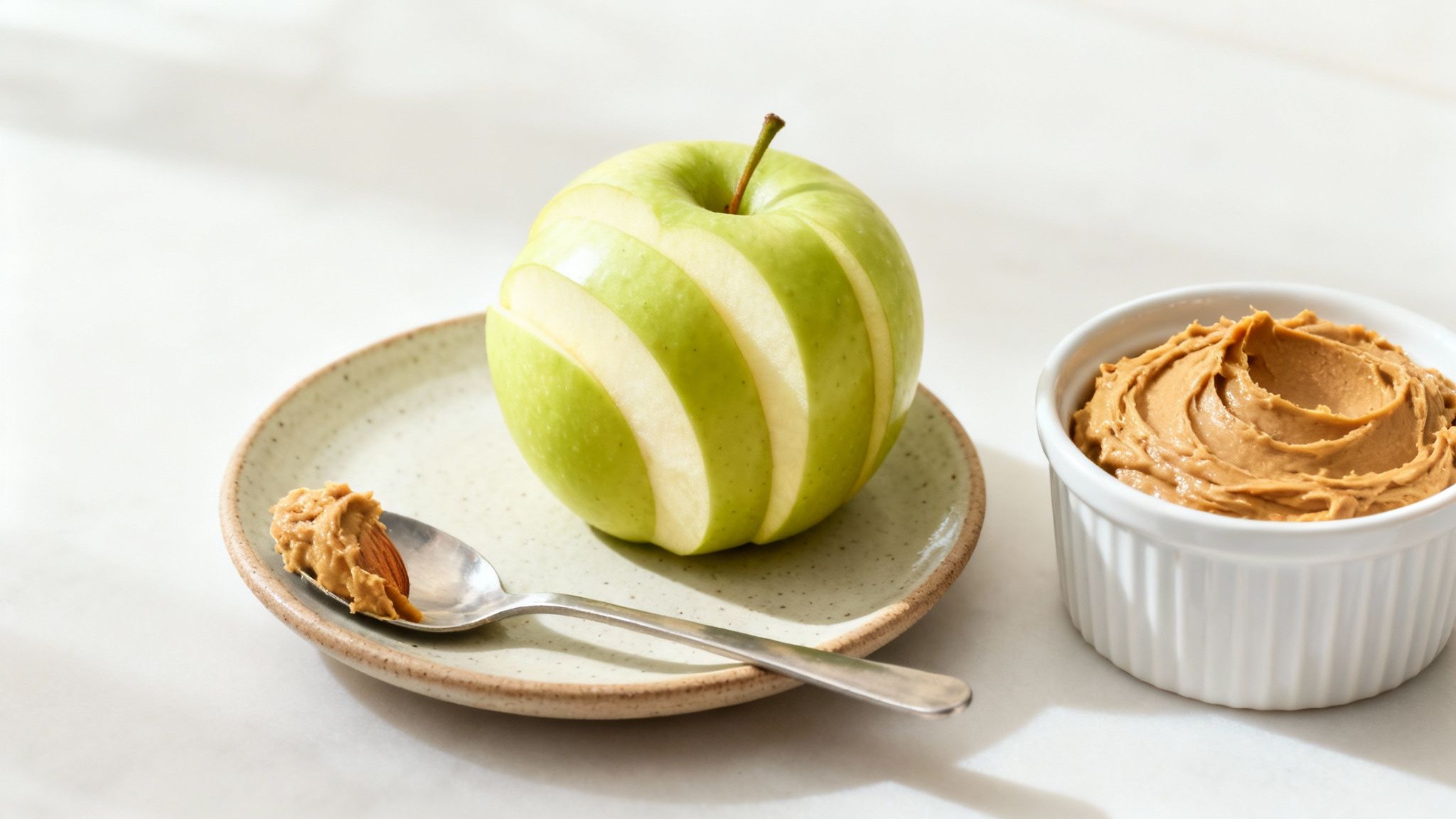 A green apple, partially sliced, sits on a plate next to a bowl of creamy peanut butter.