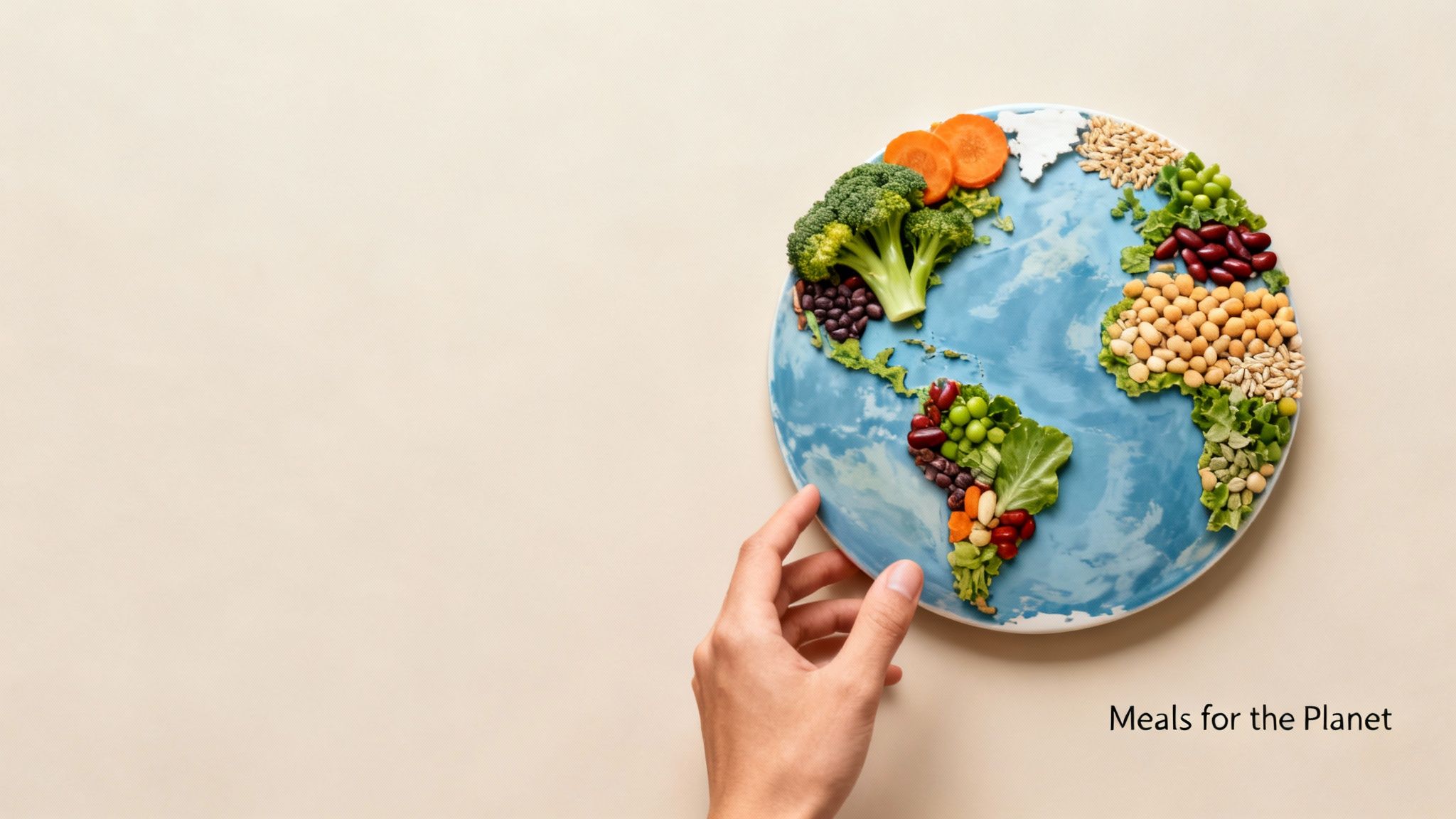 A hand holds an Earth-shaped plate with continents made of plant-based foods, labeled 'Meals for the Planet'.