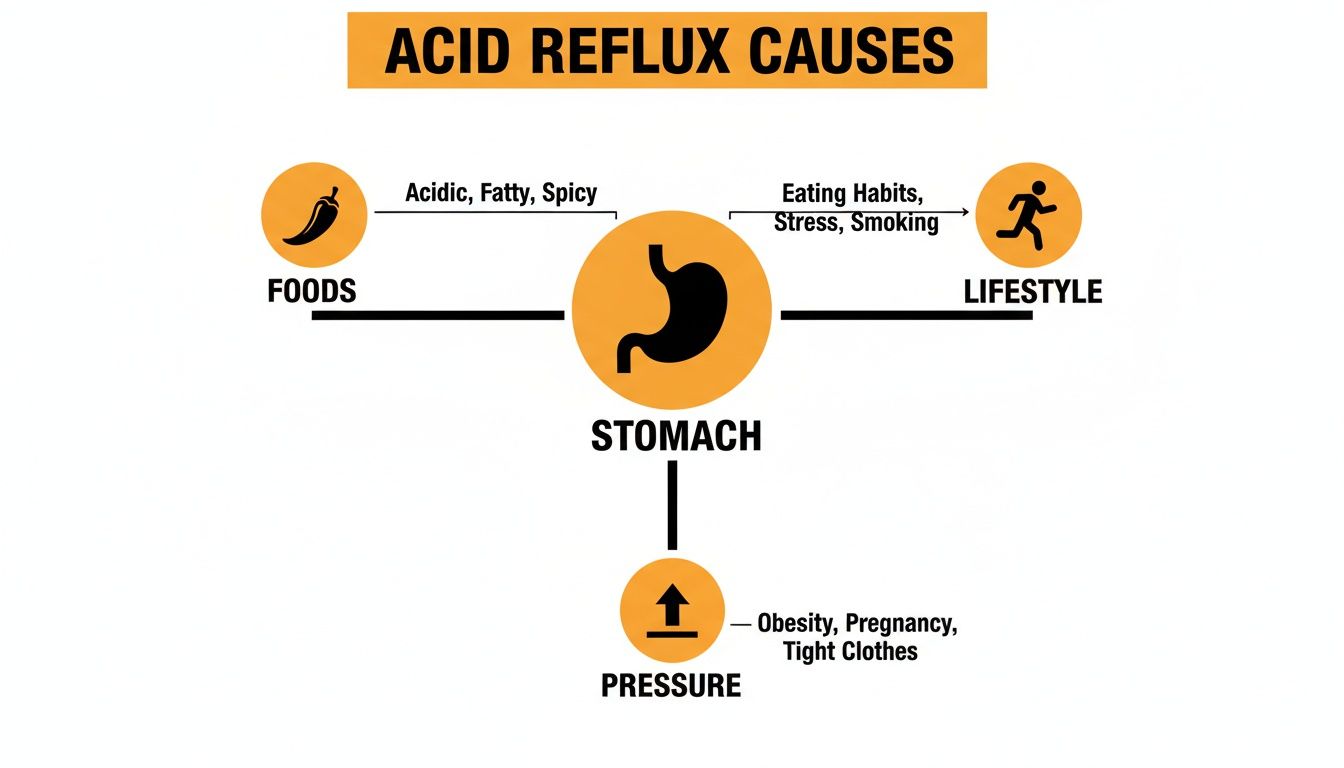 Diagram illustrating acid reflux causes, including acidic foods, unhealthy lifestyle habits, and increased stomach pressure.