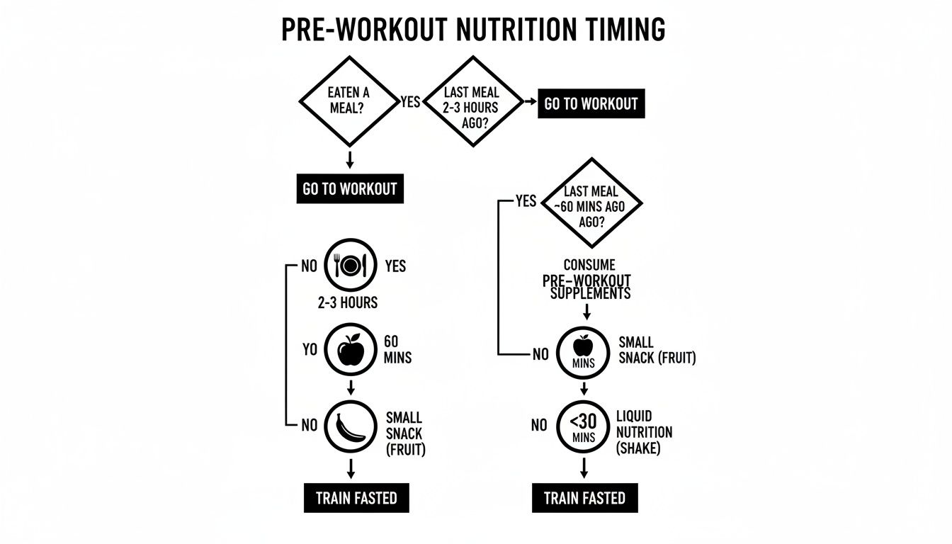 Flowchart outlining pre-workout nutrition timing based on the last meal consumed.