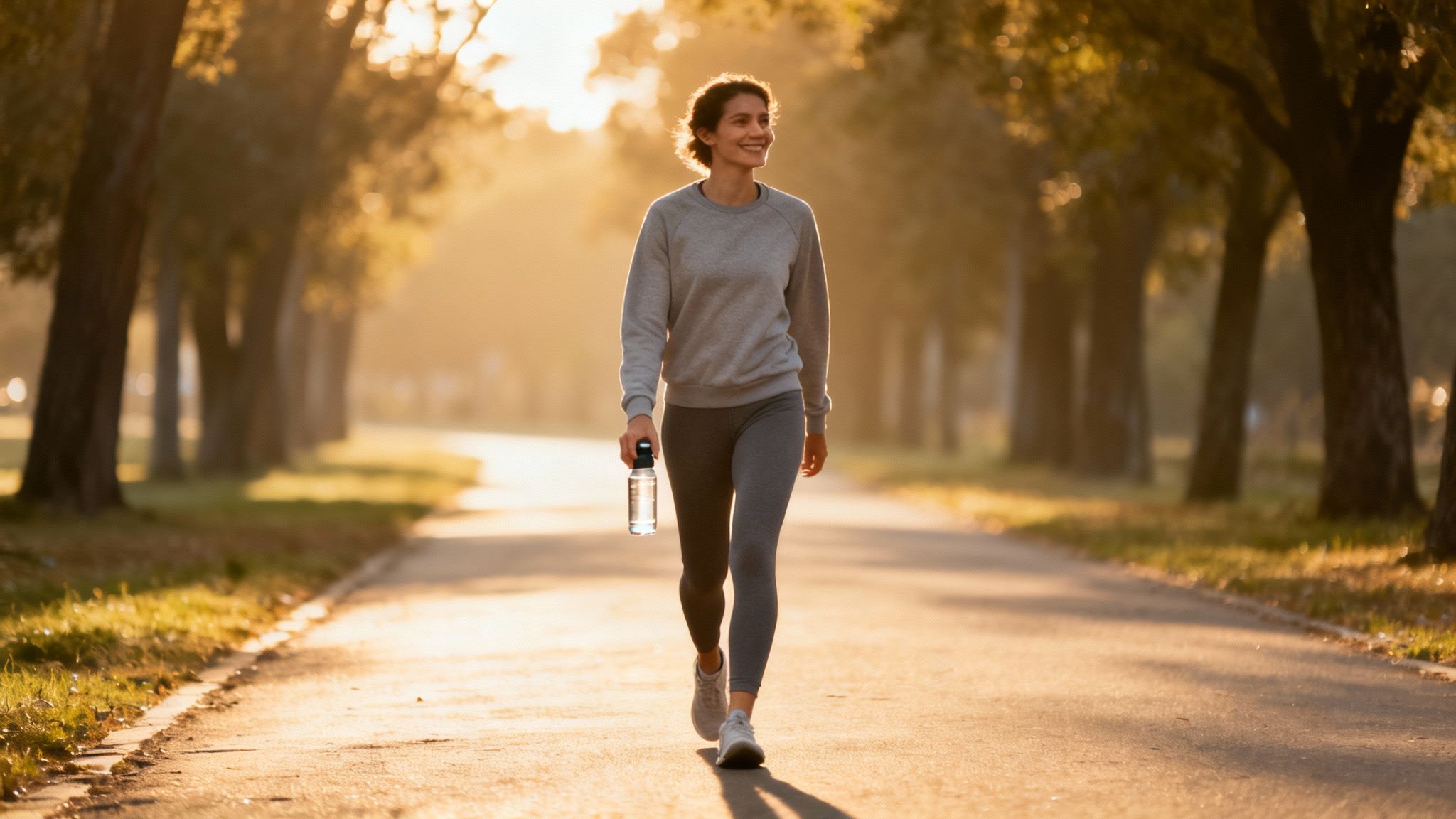 A smiling woman walking on a sunny path, holding a water bottle, surrounded by trees.