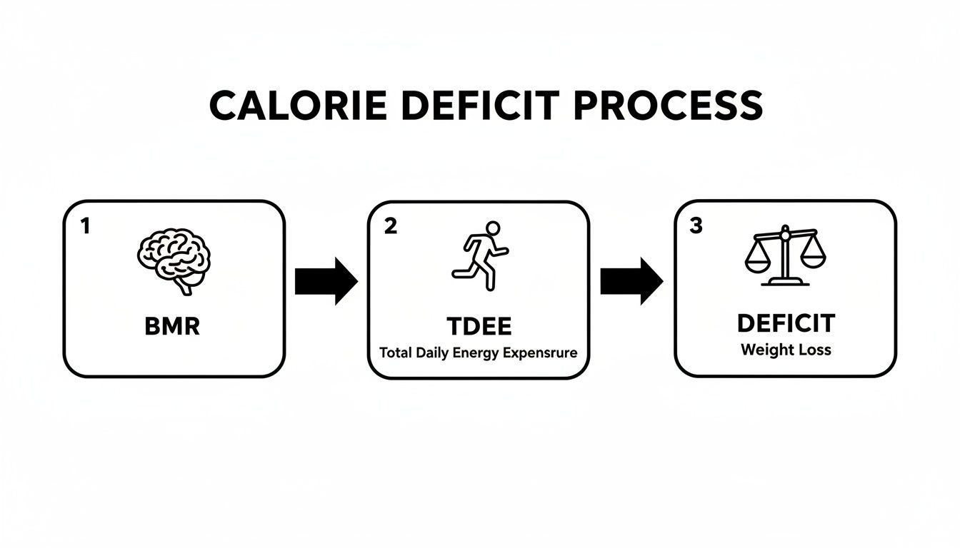 A flowchart illustrating the calorie deficit process, from BMR and TDEE to achieving weight loss.