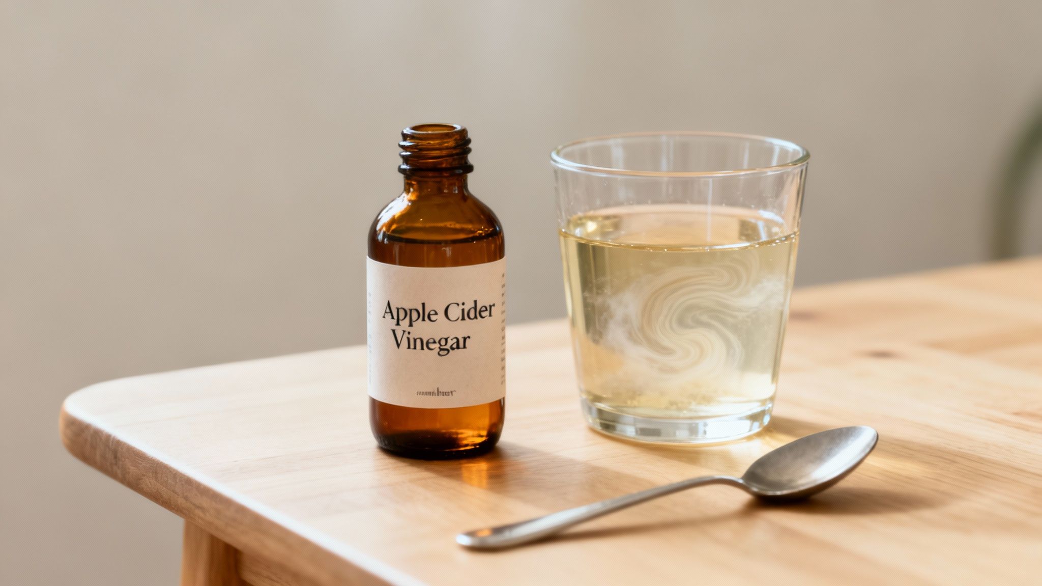 A brown bottle of apple cider vinegar, a glass of diluted ACV, and a spoon on a wooden table.