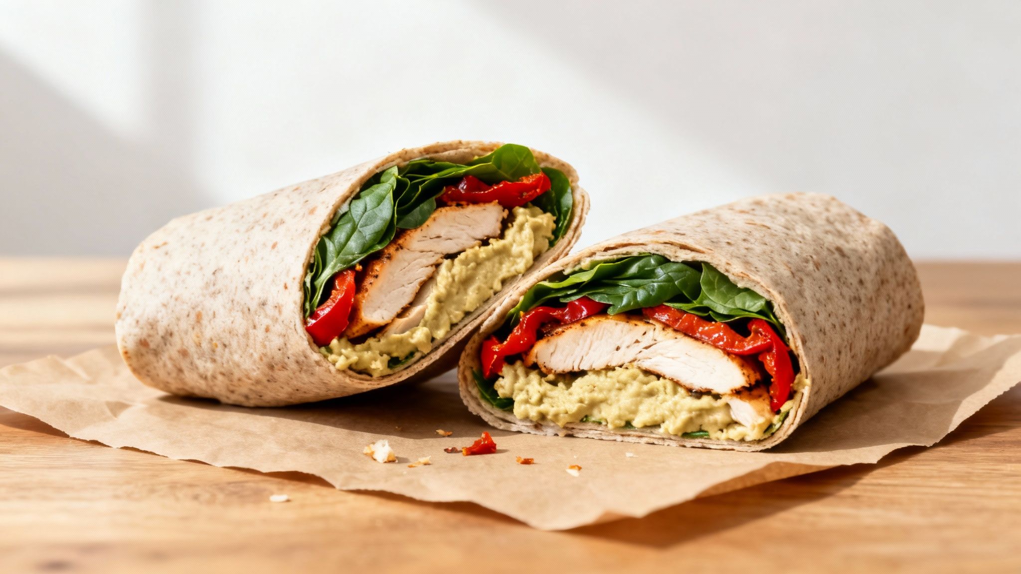 Delicious grilled chicken and avocado wraps with spinach and red peppers, perfect for lunch.