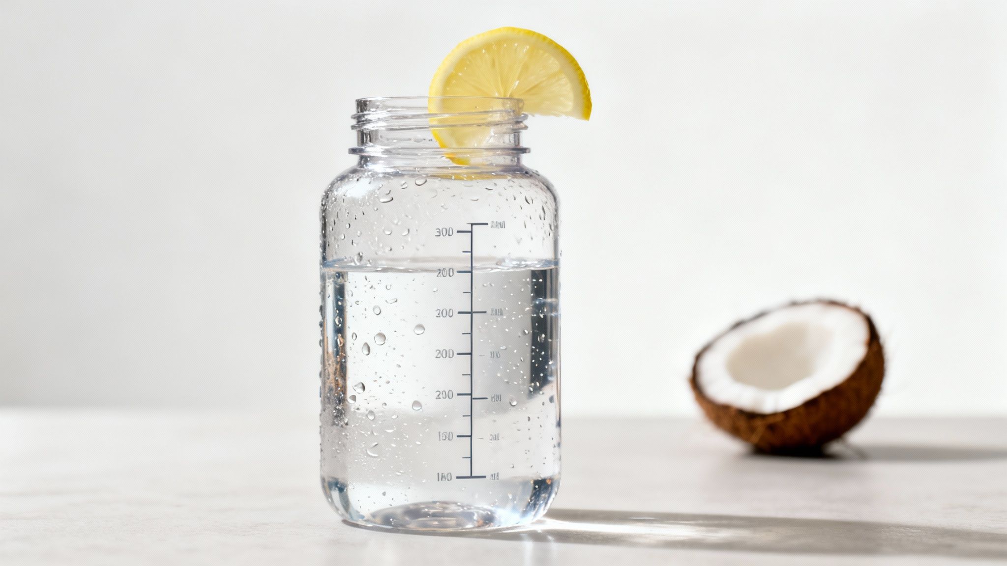 Refreshing clear water bottle with a lemon slice, covered in condensation, next to a coconut.
