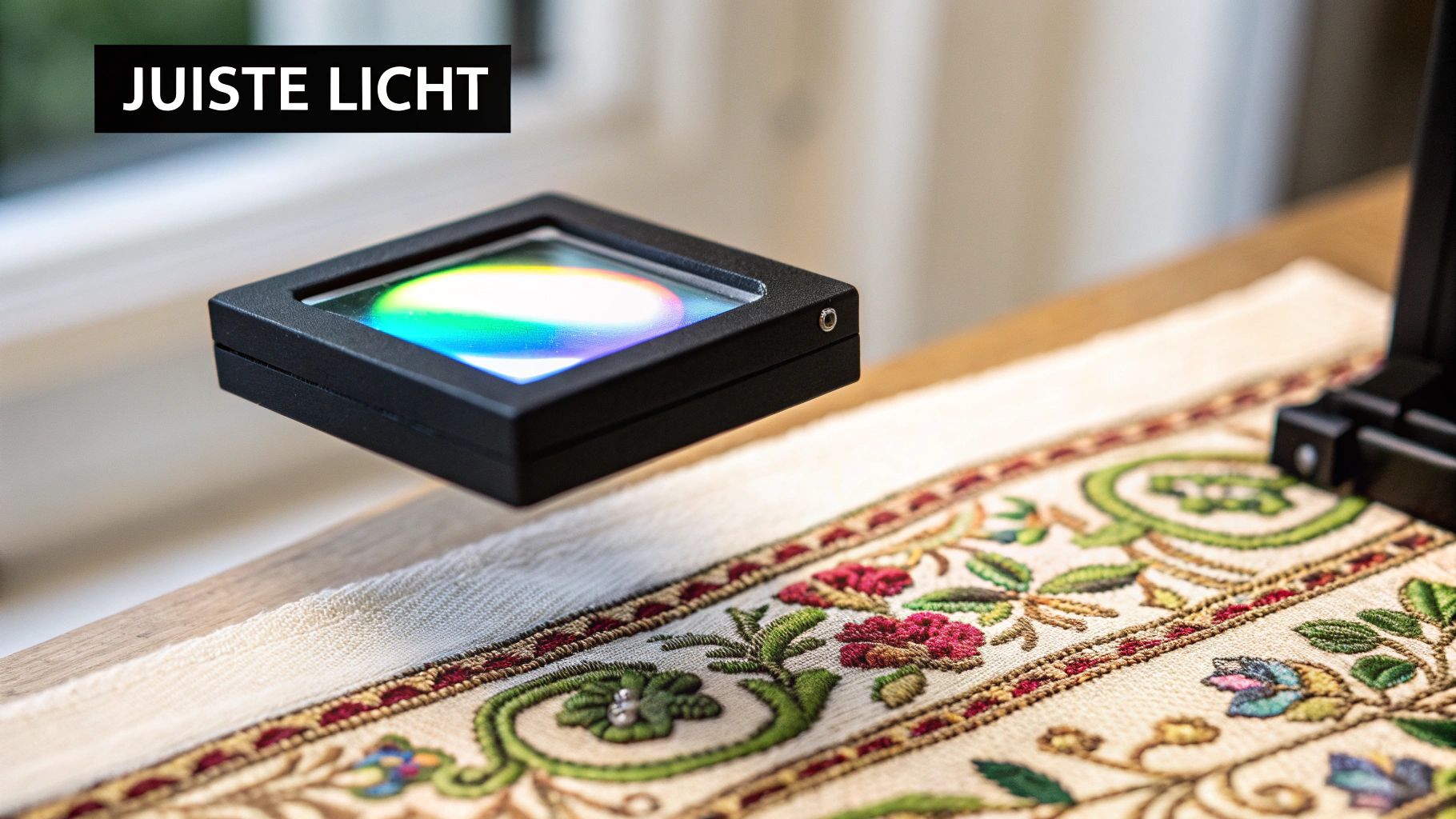 Een helder verlichte loeplamp die schijnt op een stuk handwerk