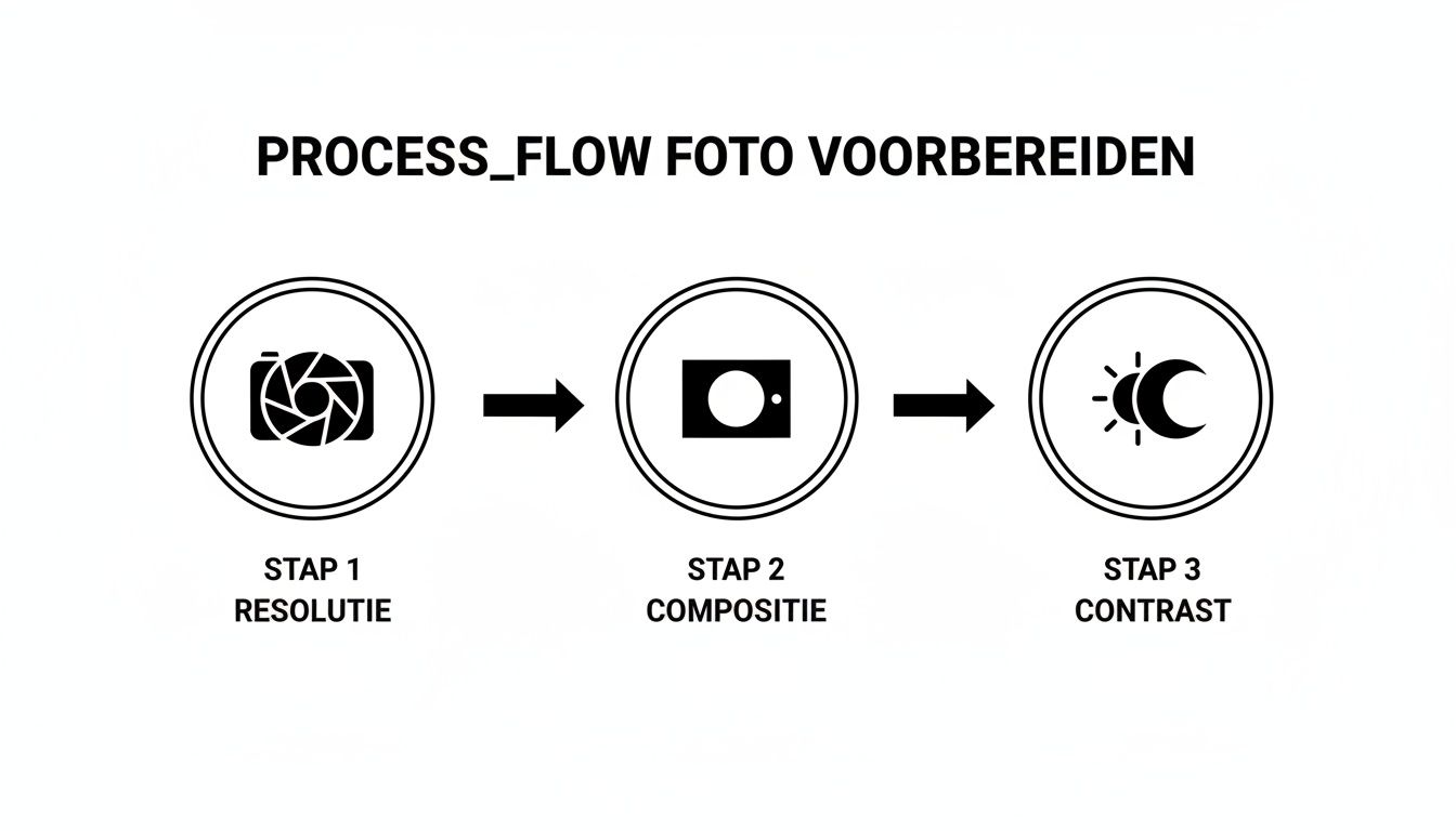 Een processtroomschema met drie stappen voor fotobewerking: resolutie, compositie en contrast.