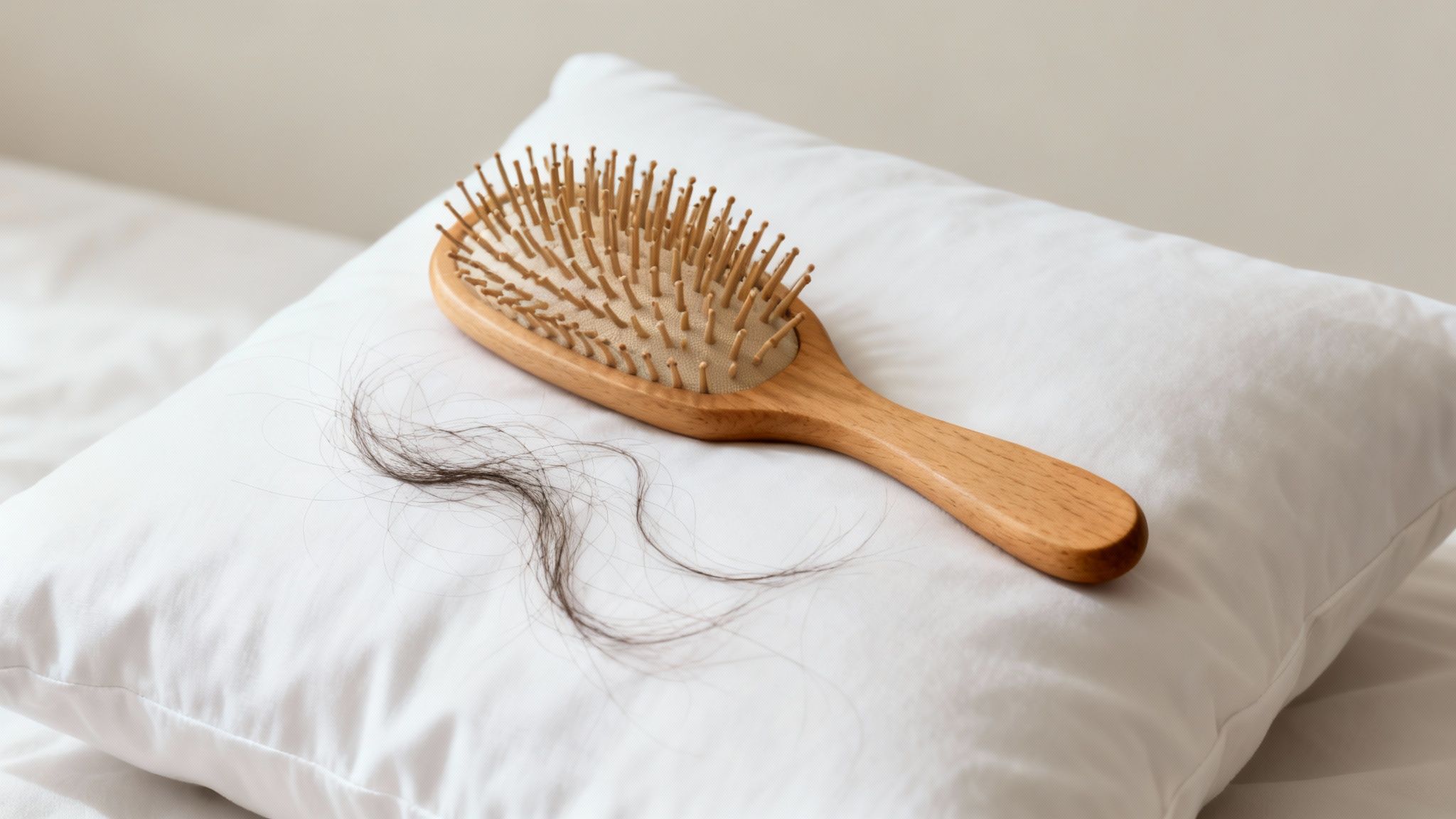 A wooden hairbrush with a large clump of dark hair on a white pillow, symbolizing hair loss.