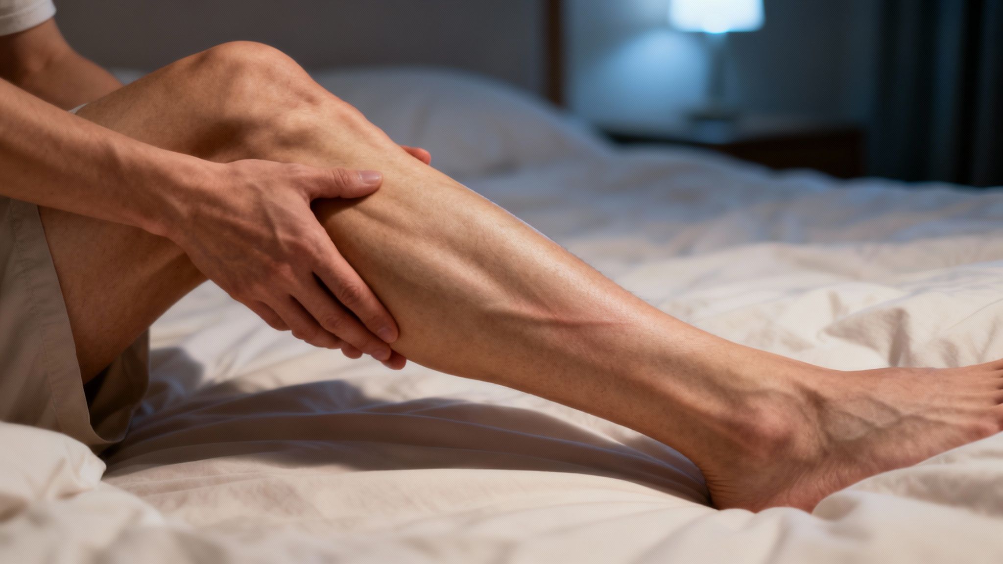 A person sitting on a bed, holding their leg, appearing to be in discomfort or experiencing a cramp.