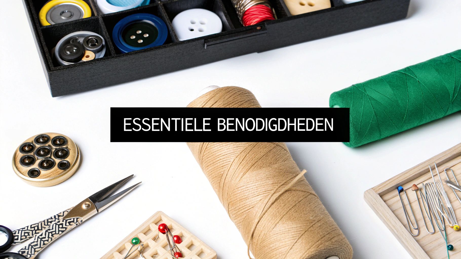 Close-up van diverse fournituren zoals garen, naalden, en haken en ogen.