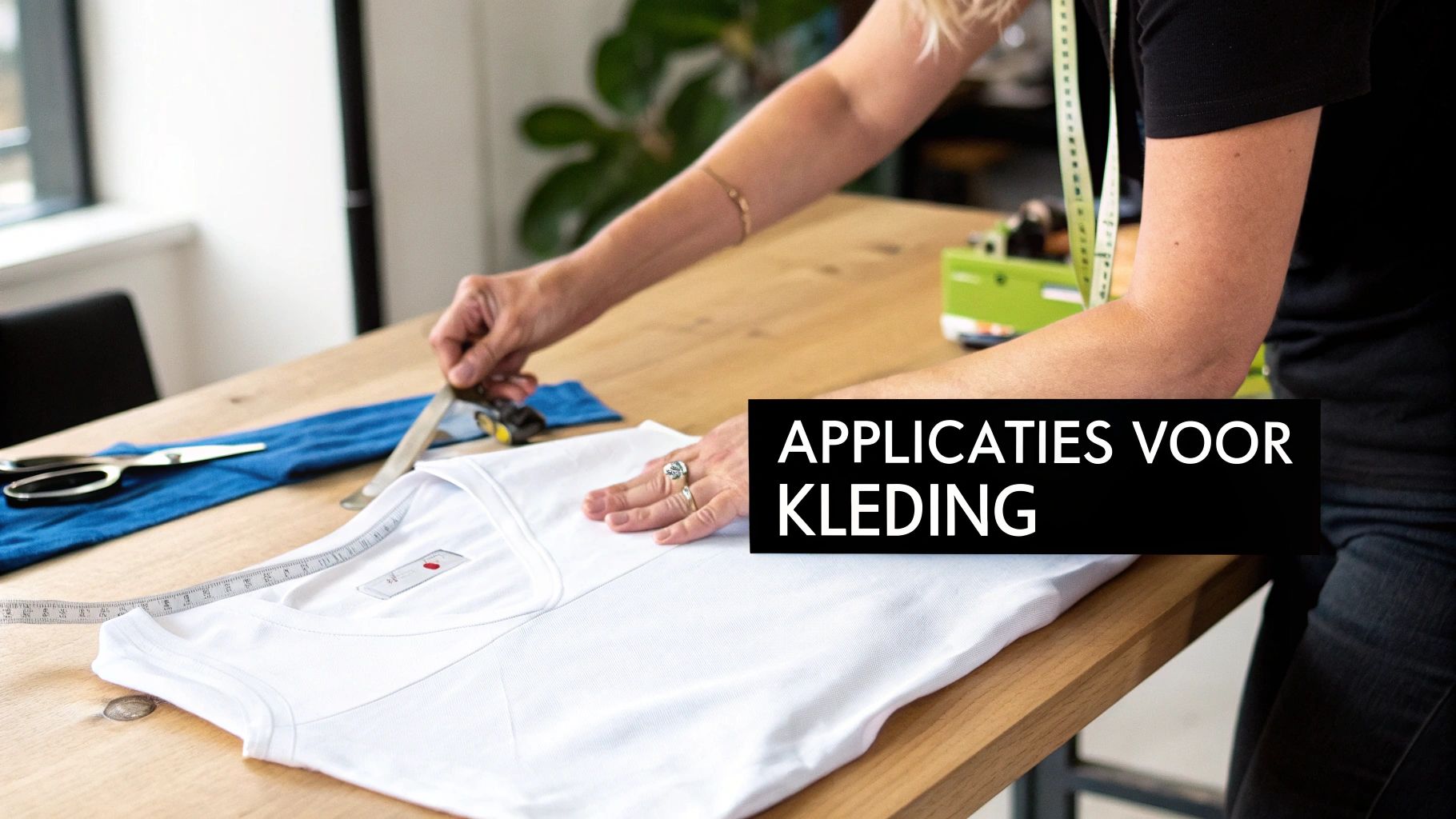 Een persoon meet een wit t-shirt op een houten tafel met een meetlint, omringd door naaibenodigdheden.