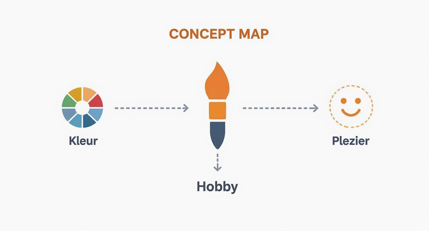 Concept map met kleurenwiel, penseel en smiley die de verbinding tussen kleur, hobby en plezier illustreert