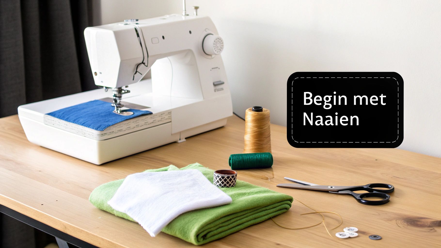 Een naaimachine op een houten tafel met blauwe en groene stof, garen, schaar en knopen, met de tekst 'Begin met Naaien'.