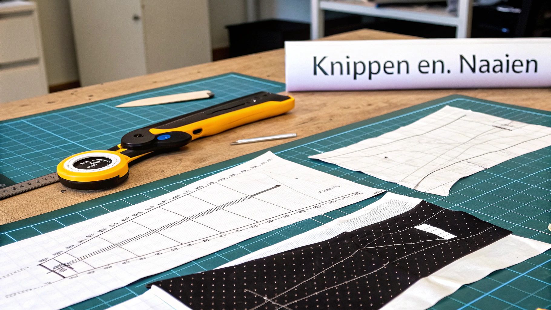 Werkruimte voor naaien en knippen met patronen, snijmat, rotary cutter en ander gereedschap.
