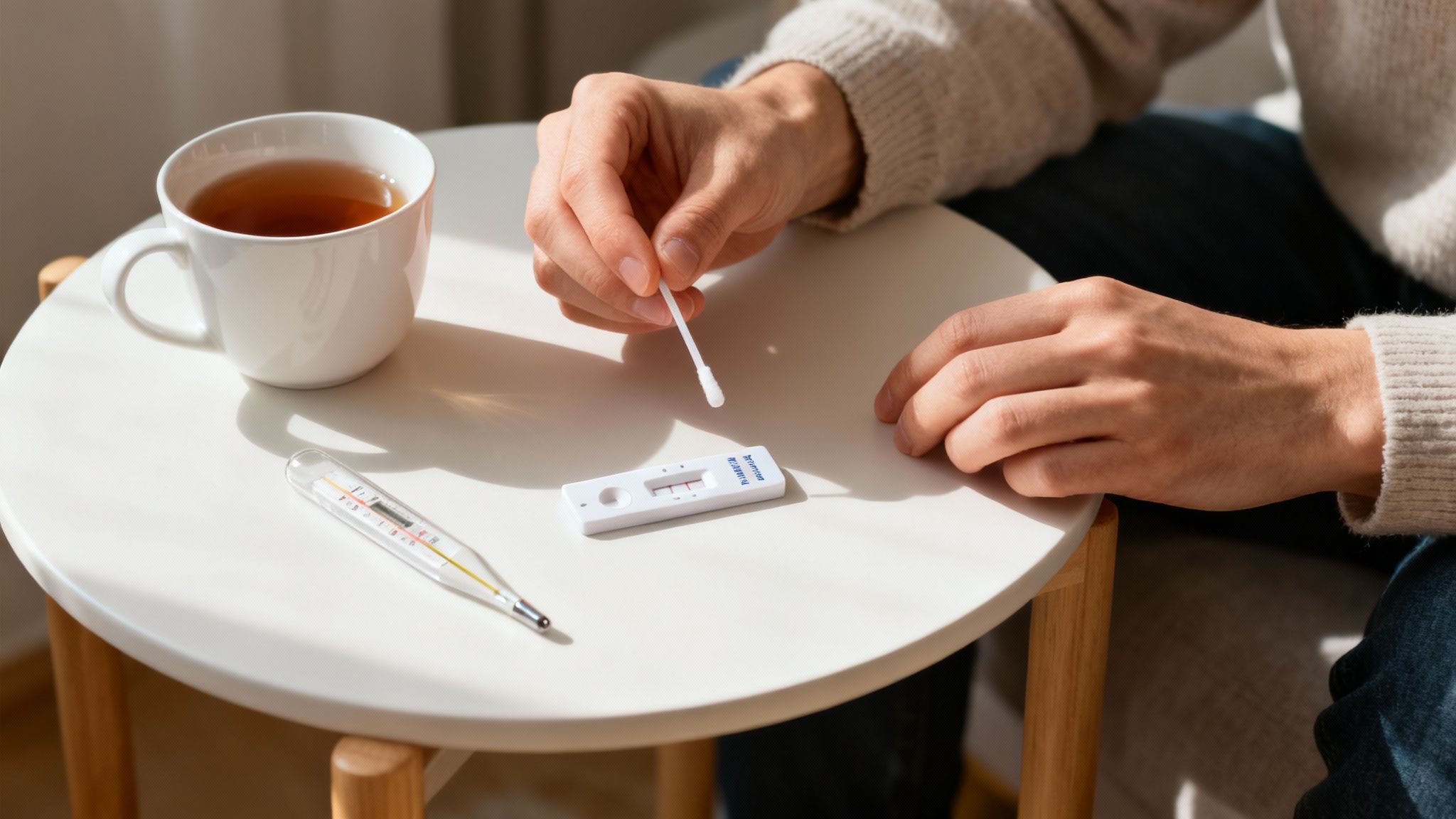 Person's hands holding a swab near a positive COVID-19 rapid test, with tea and a thermometer.