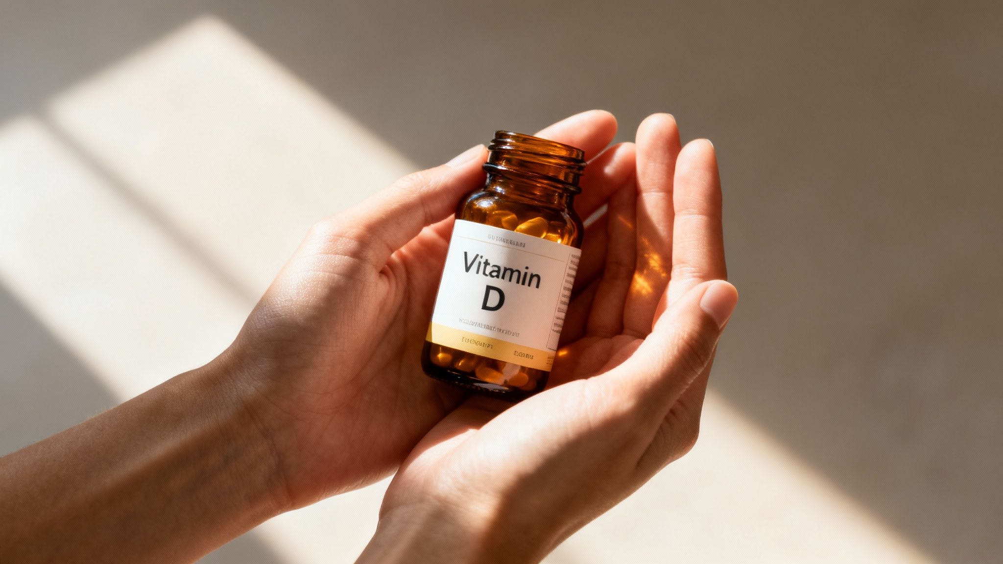Close-up of hands gently holding a brown bottle of Vitamin D supplements in sunlight.