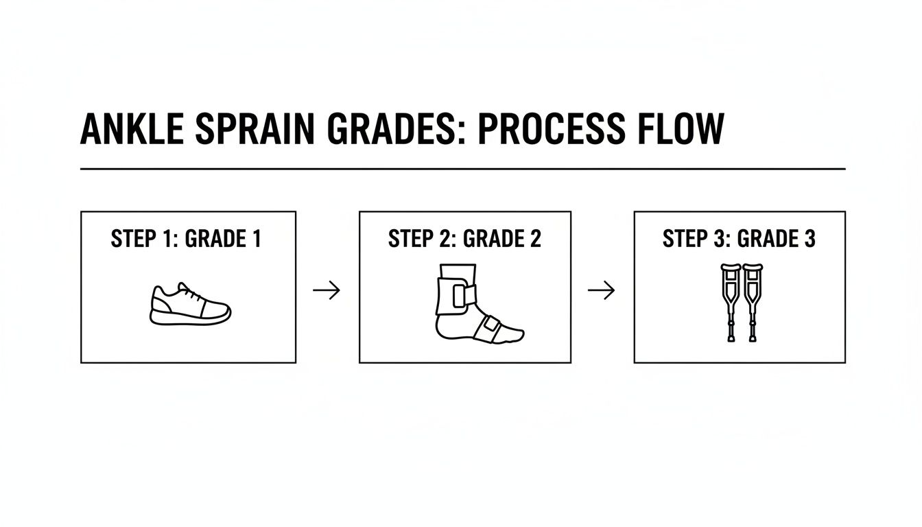 A process flow diagram shows three ankle sprain grades: shoe for mild, brace for moderate, and crutches for severe.