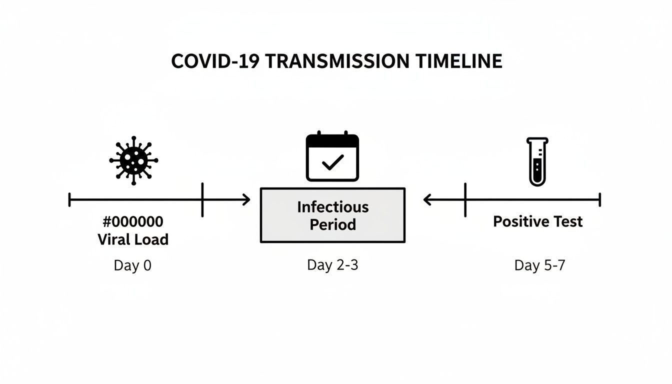COVID-19 transmission timeline showing initial viral load, infectious period (Day 2-3), and positive test (Day 5-7).